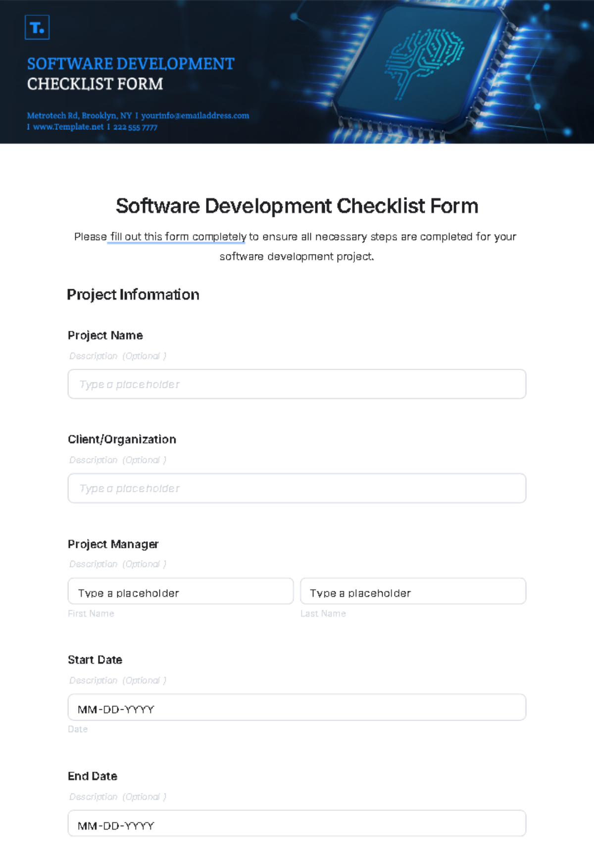 Free Software Development Checklist Form Template