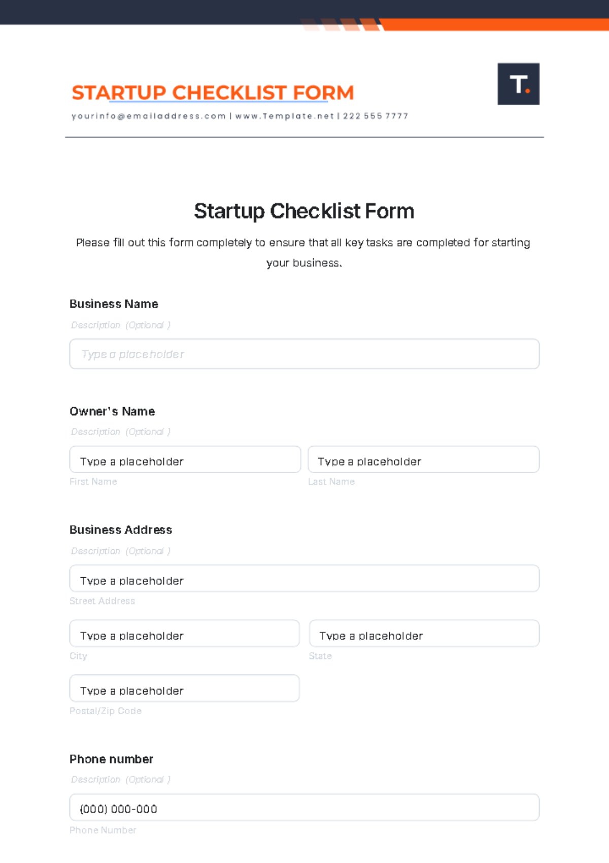 Free Startup Checklist Form Template