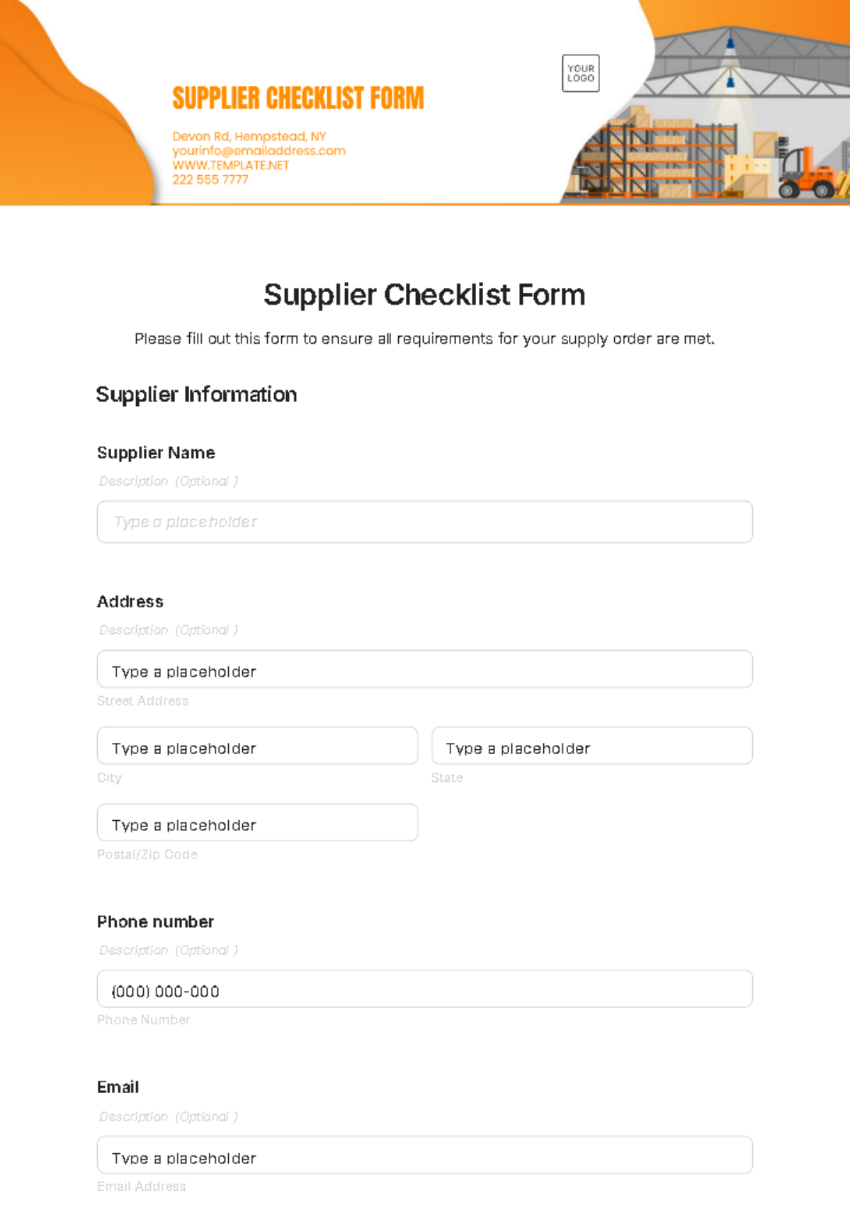 Supplier Checklist Form Template - Edit Online & Download