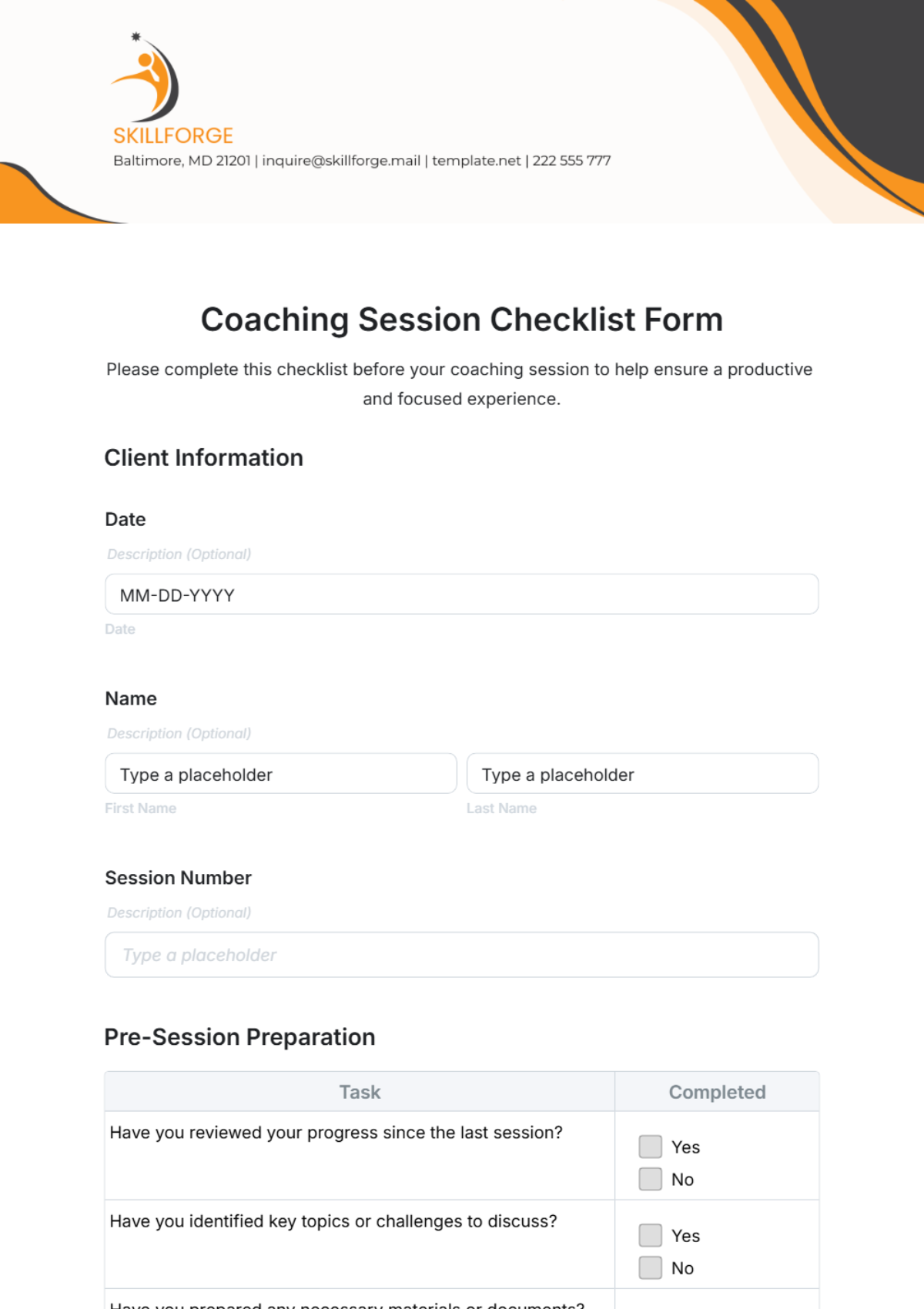 Free Coaching Session Checklist Form Template