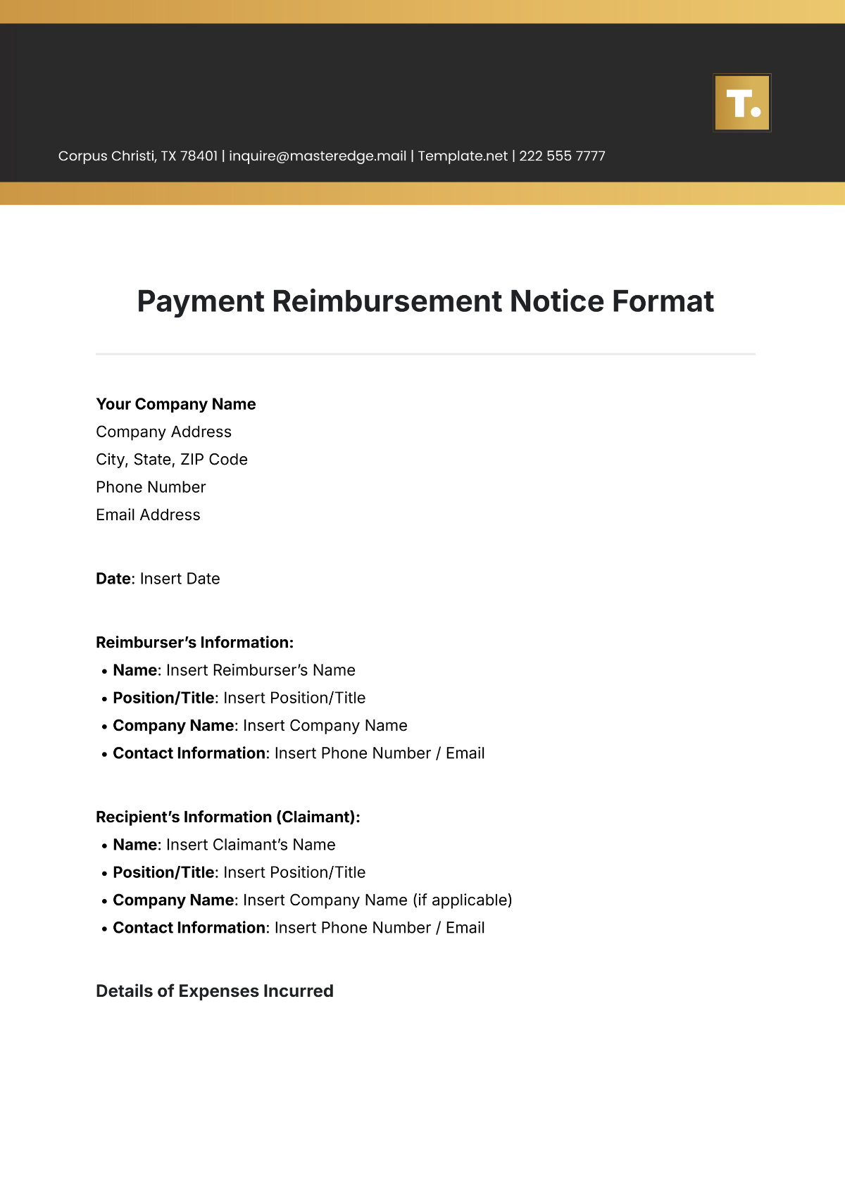 Payment Reimbursement Notice Format Template - Edit Online & Download