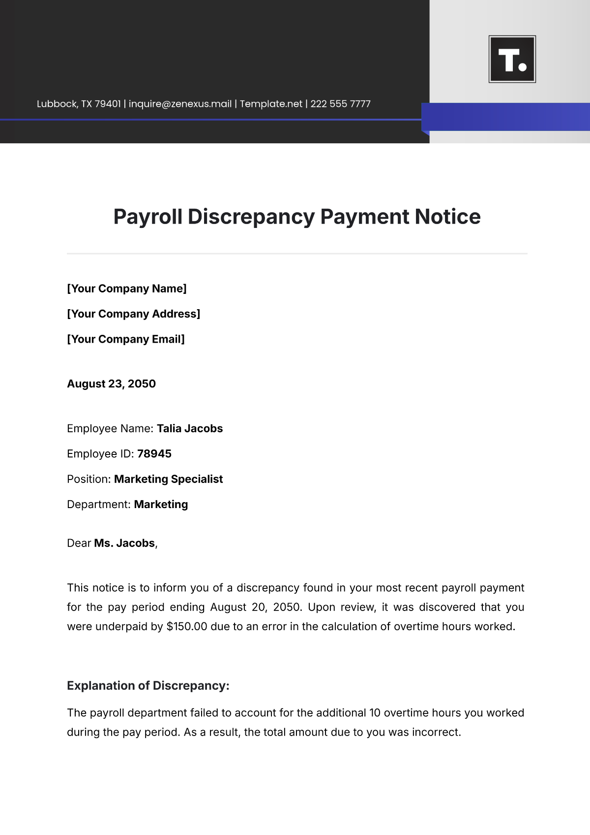 Payroll Discrepancy Payment Notice Template - Edit Online & Download