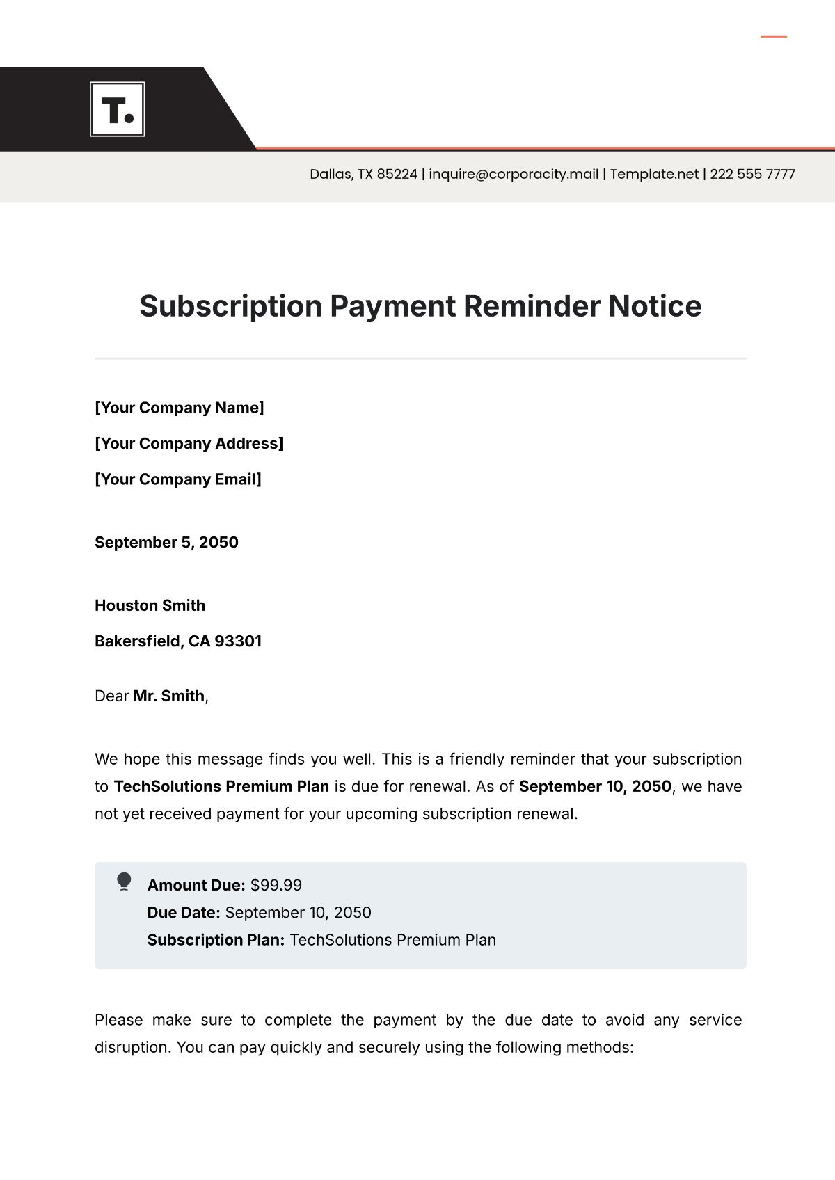 Subscription Payment Reminder Notice Template - Edit Online & Download