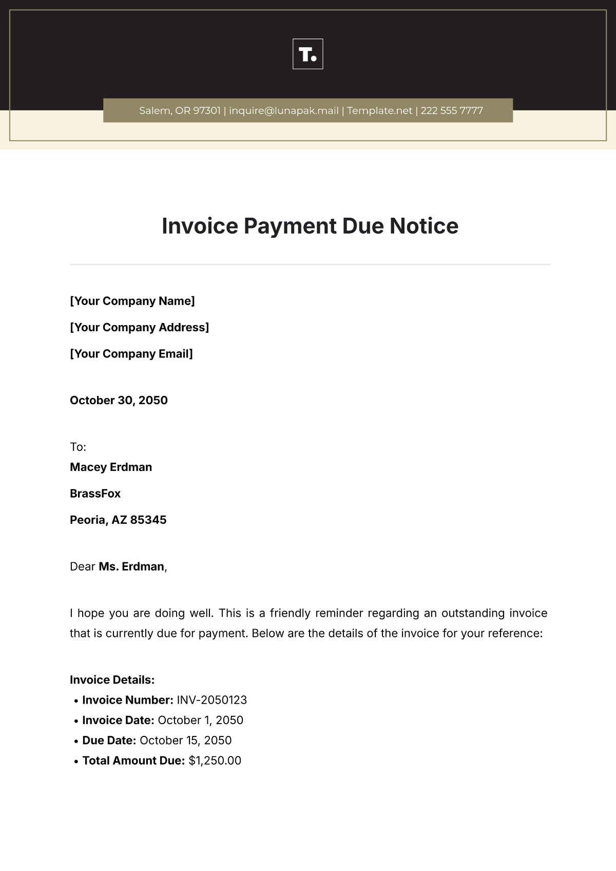 Invoice Payment Due Notice Template - Edit Online & Download