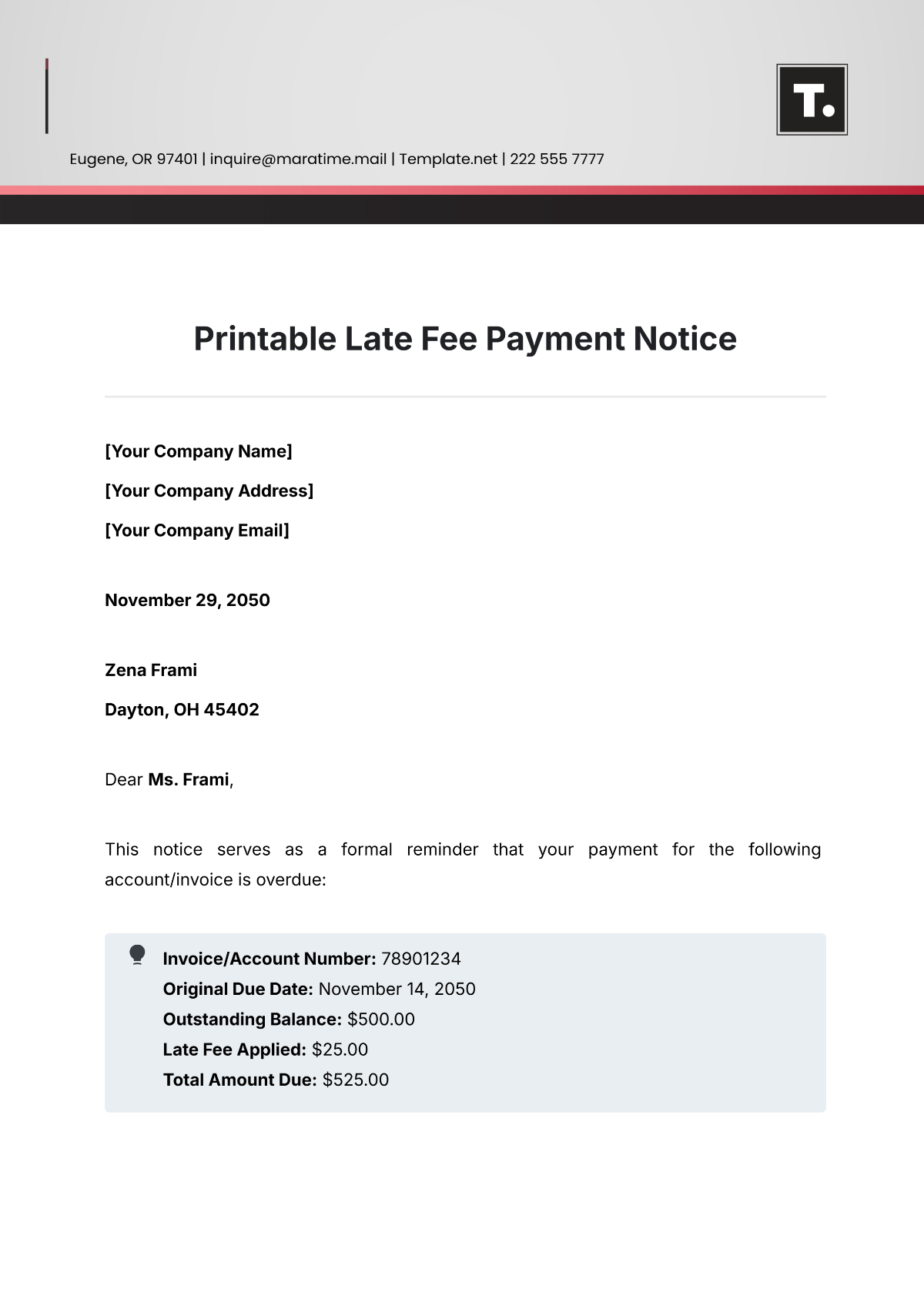 Printable Late Fee Payment Notice Template - Edit Online & Download