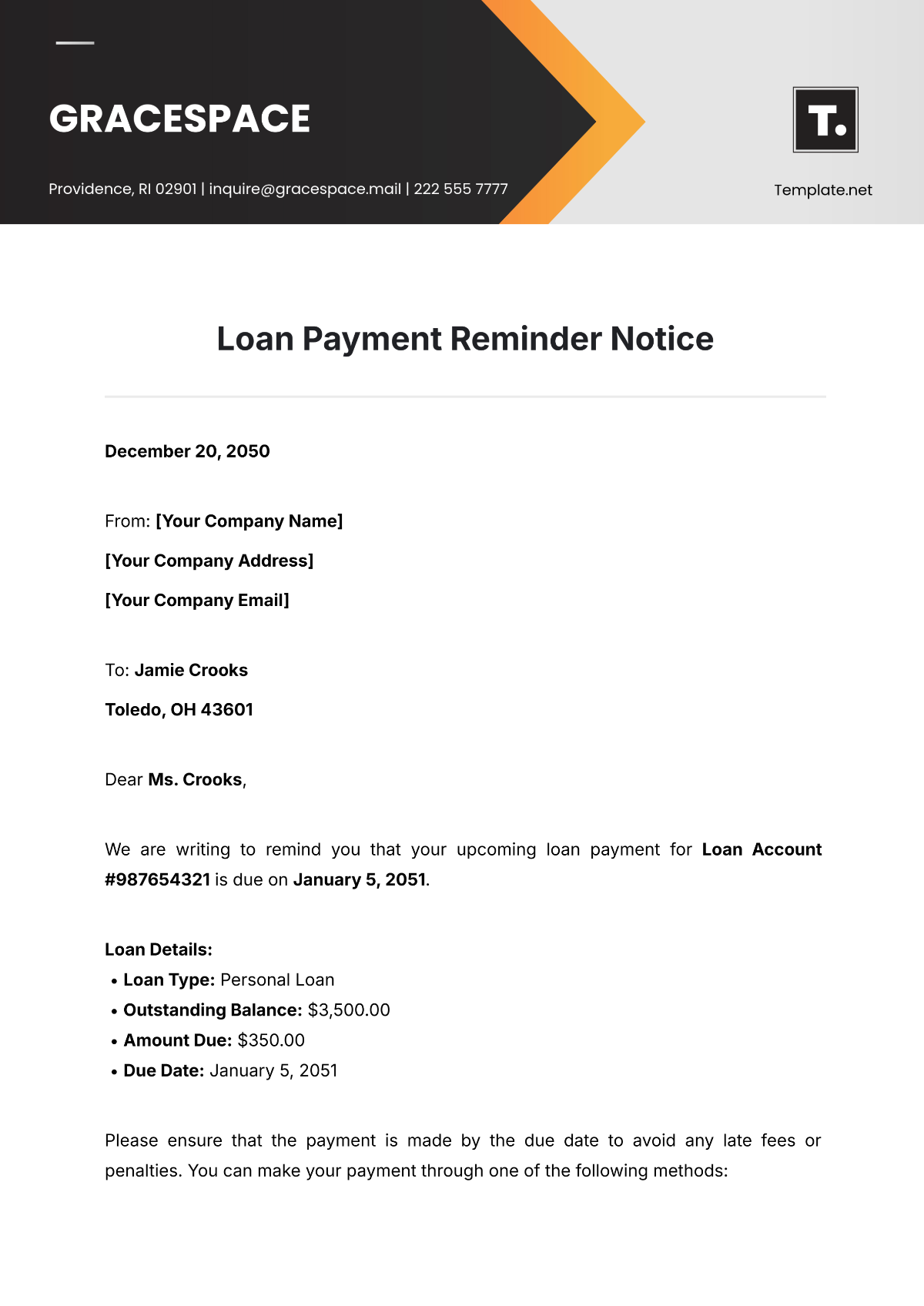 Loan Payment Reminder Notice Template - Edit Online & Download