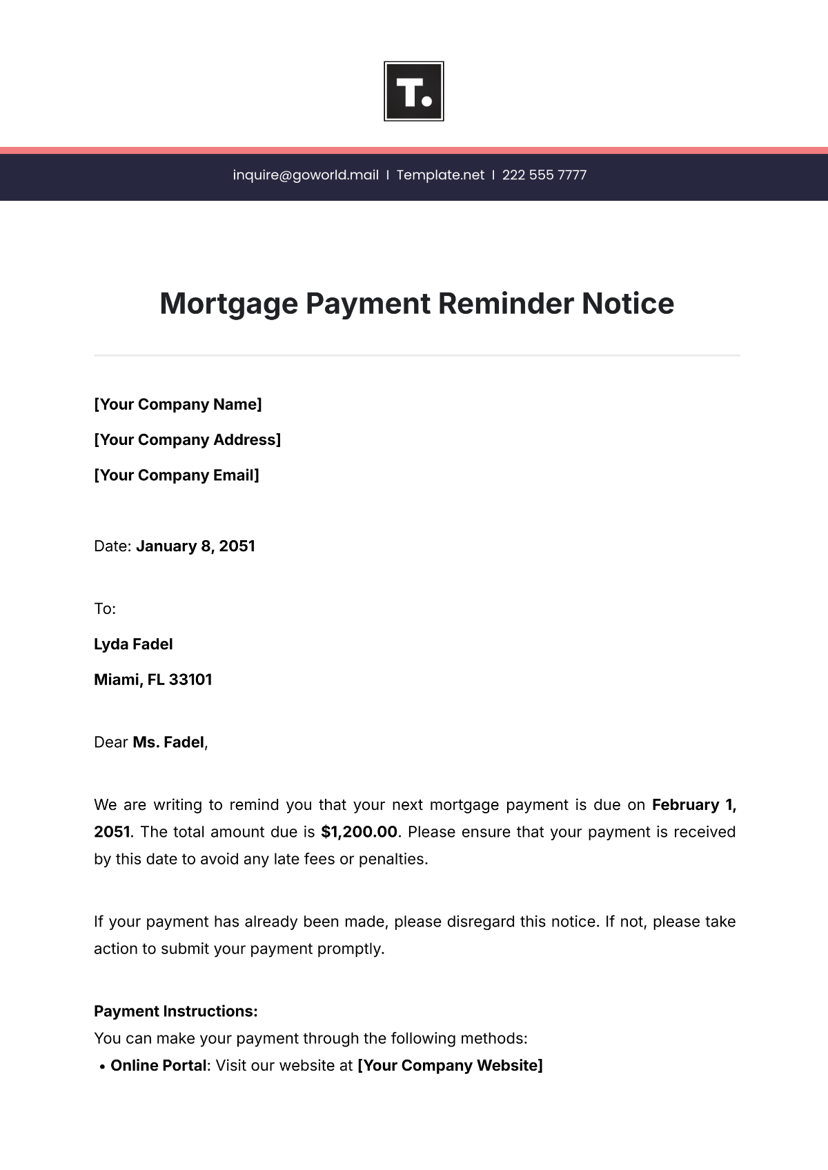 Mortgage Payment Reminder Notice Template - Edit Online & Download