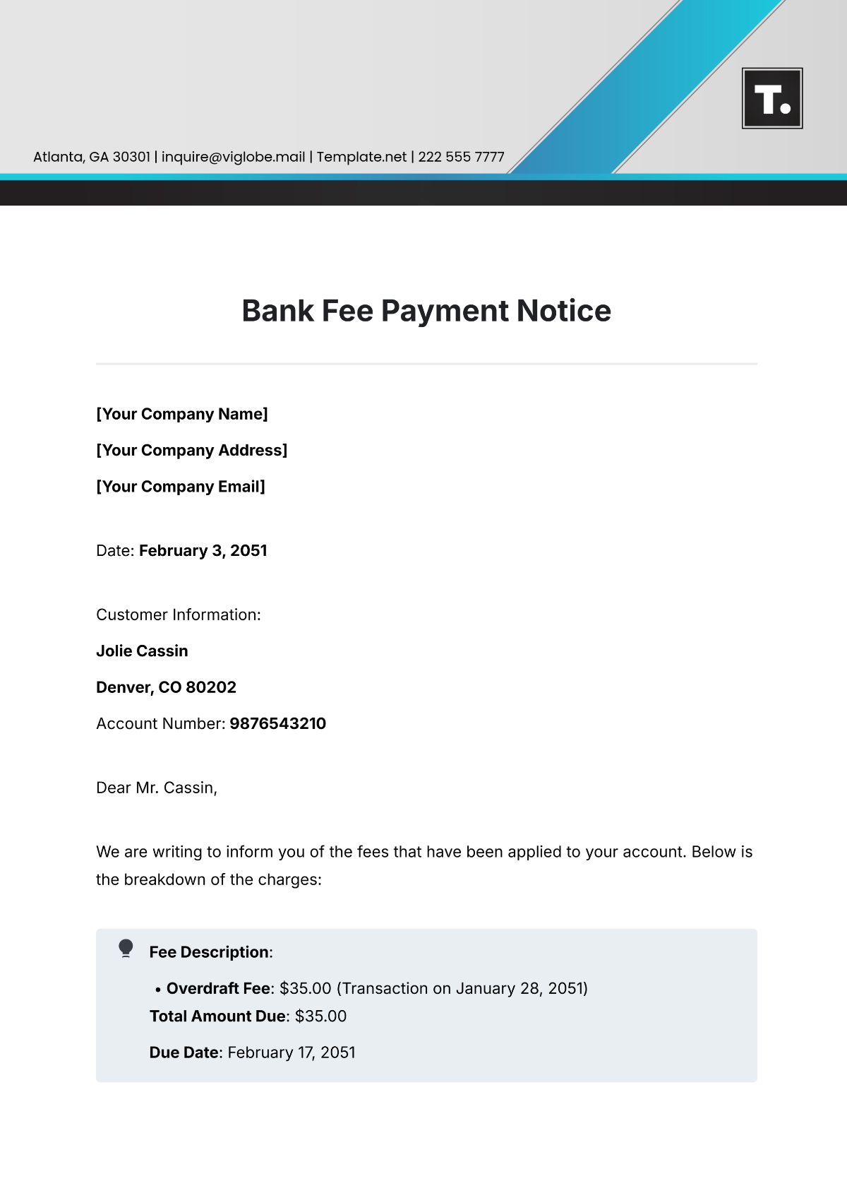 Bank Fee Payment Notice Template - Edit Online & Download