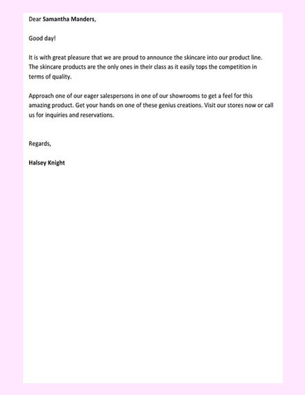 Free Sales Letter Sample for New Product