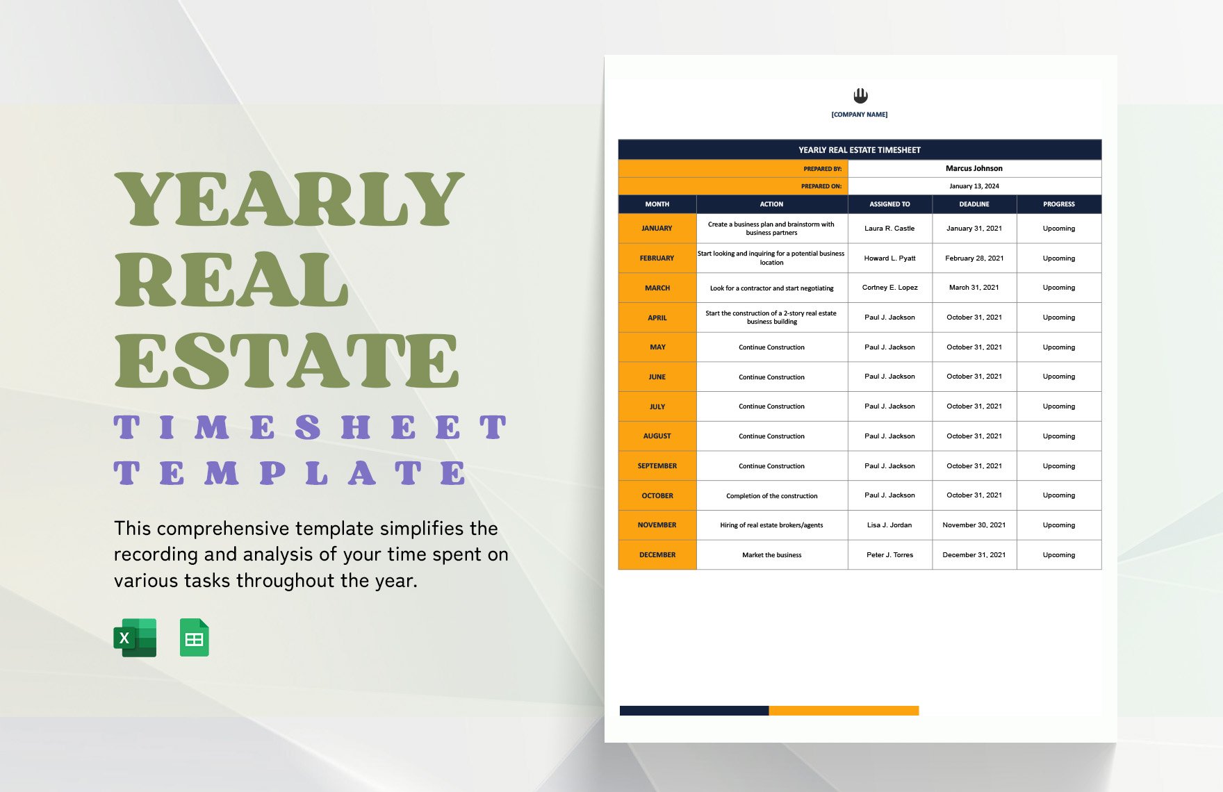 Yearly Real Estate Timesheet Template in Word, Google Docs, Excel, Google Sheets, Apple Numbers