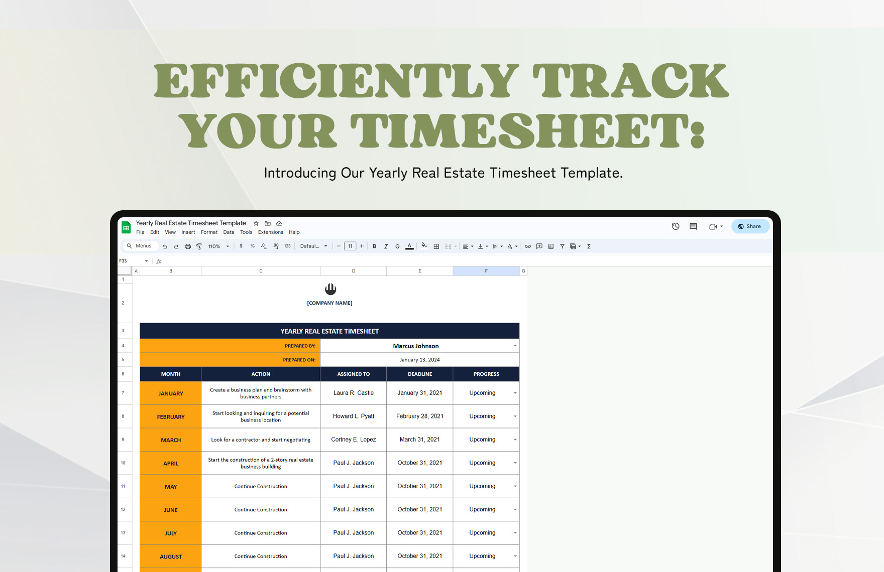 Yearly Real Estate Timesheet Template