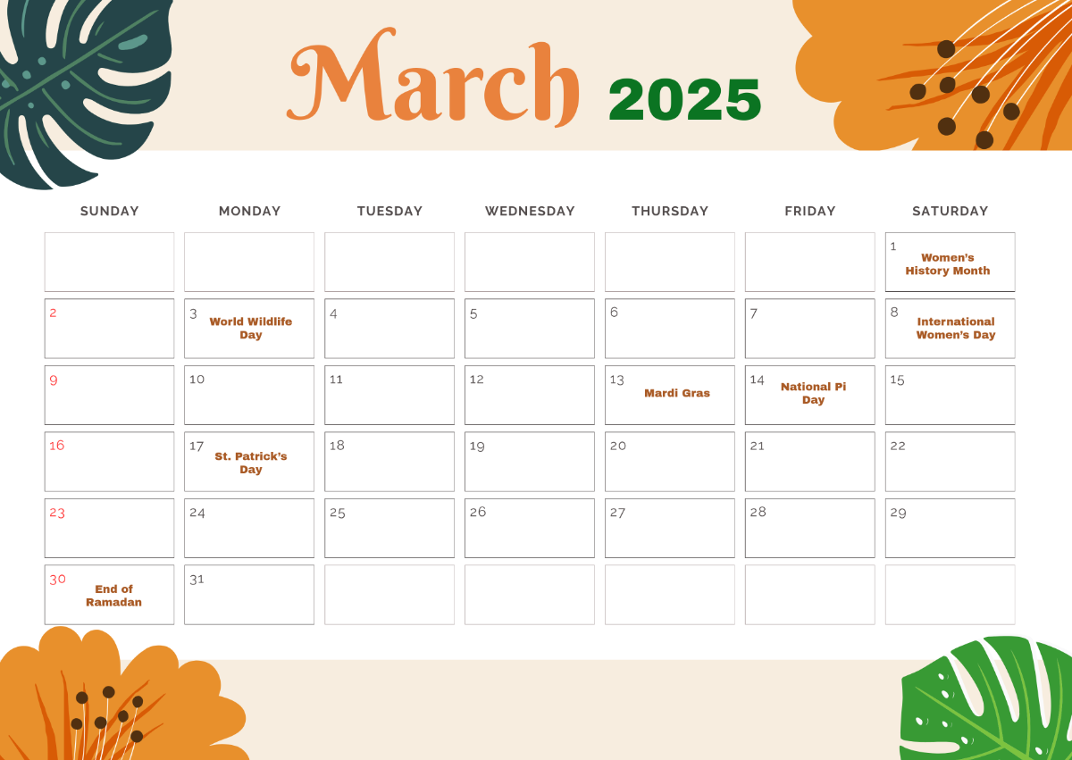 Free March 2025 Calendar Events Template - Edit Online & Download