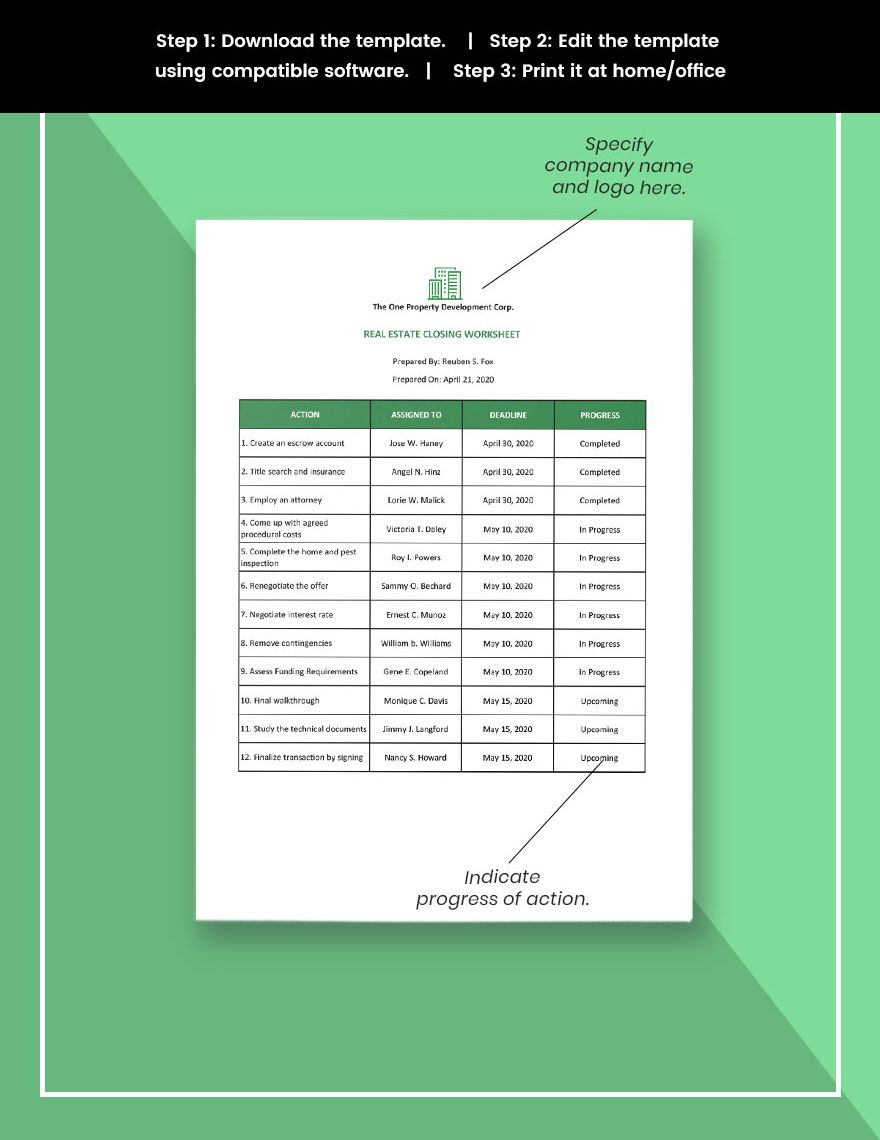 Real Estate Closing Worksheet Template