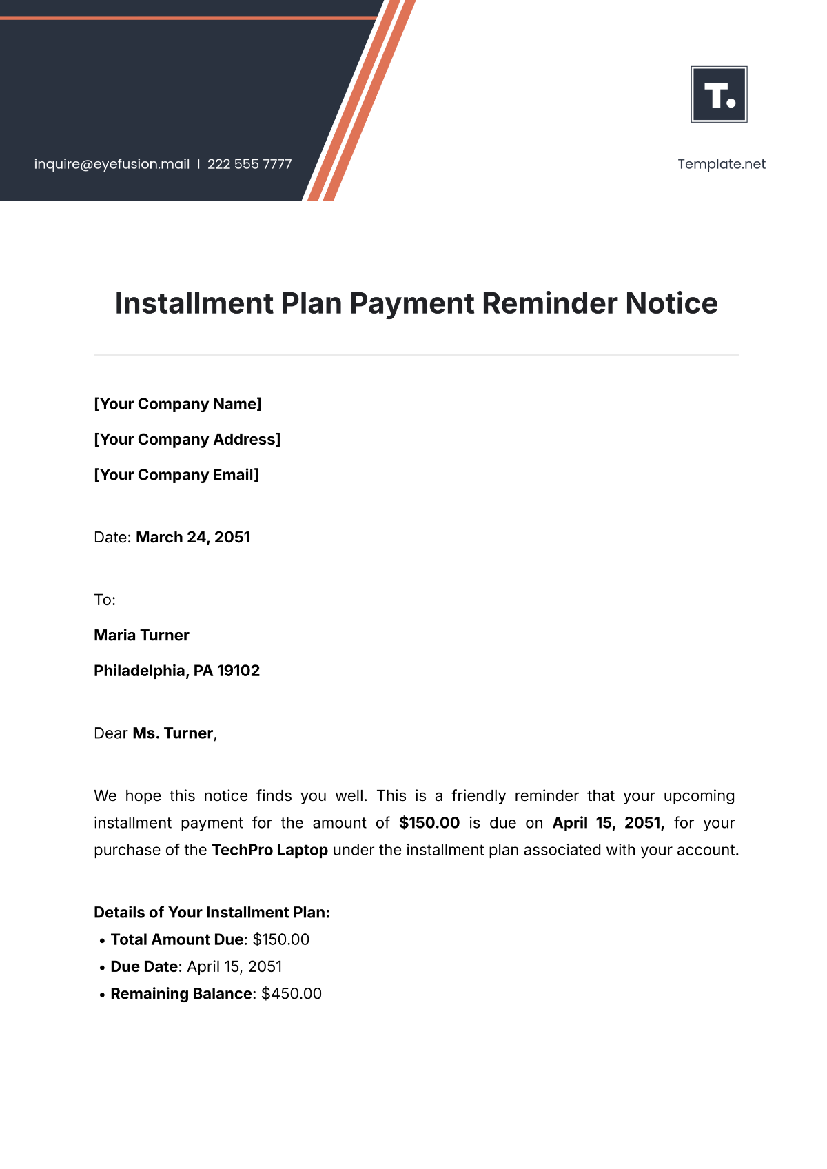 Installment Plan Payment Reminder Notice Template - Edit Online & Download