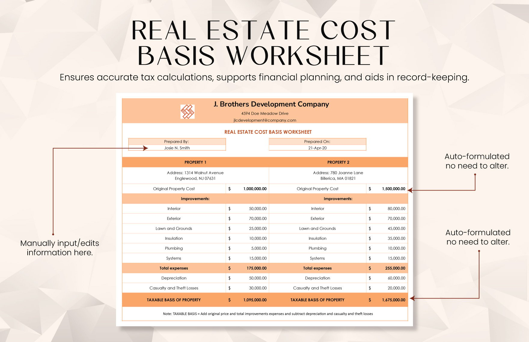 Real Estate Cost Basis Worksheet Template