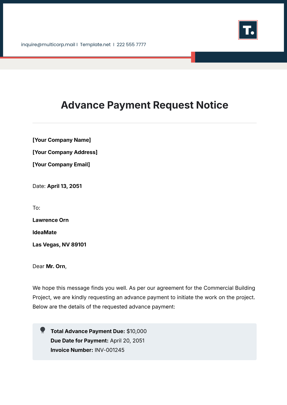 Advance Payment Request Notice Template - Edit Online & Download