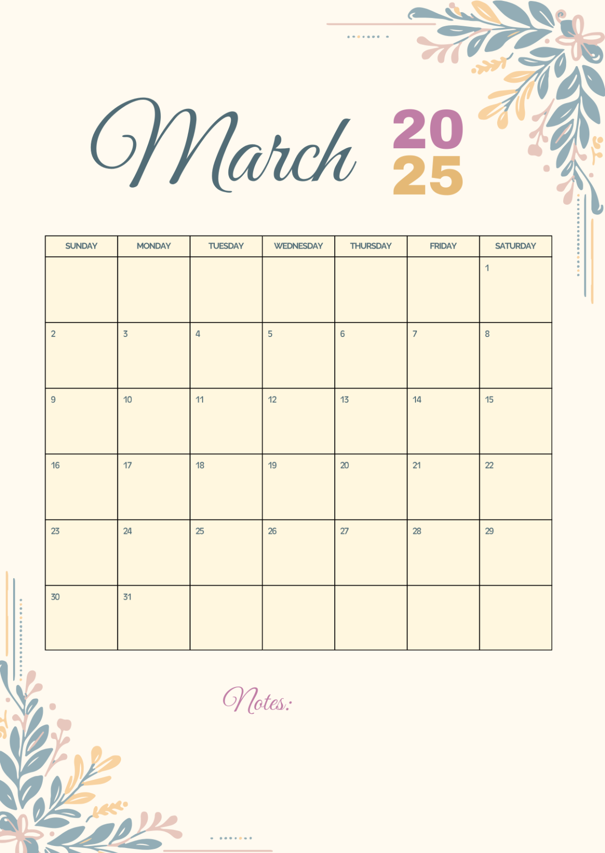 Free Modern Monthly Planner March 2025 Calendar Template - Edit Online & Download