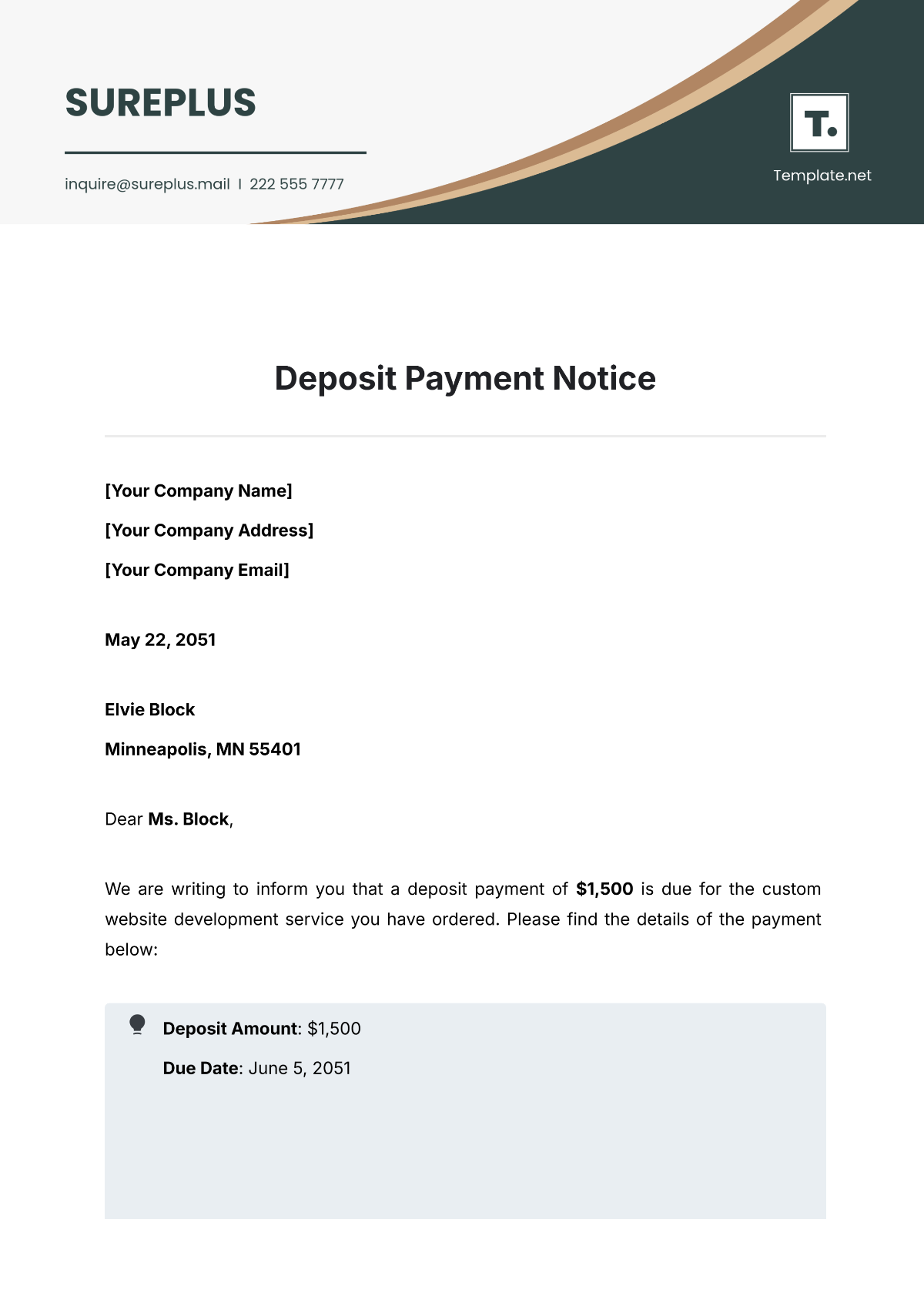 Deposit Payment Notice Template - Edit Online & Download