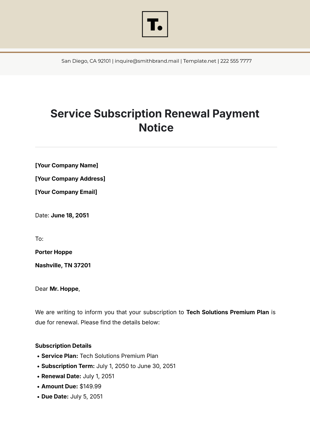 Service Subscription Renewal Payment Notice Template - Edit Online & Download