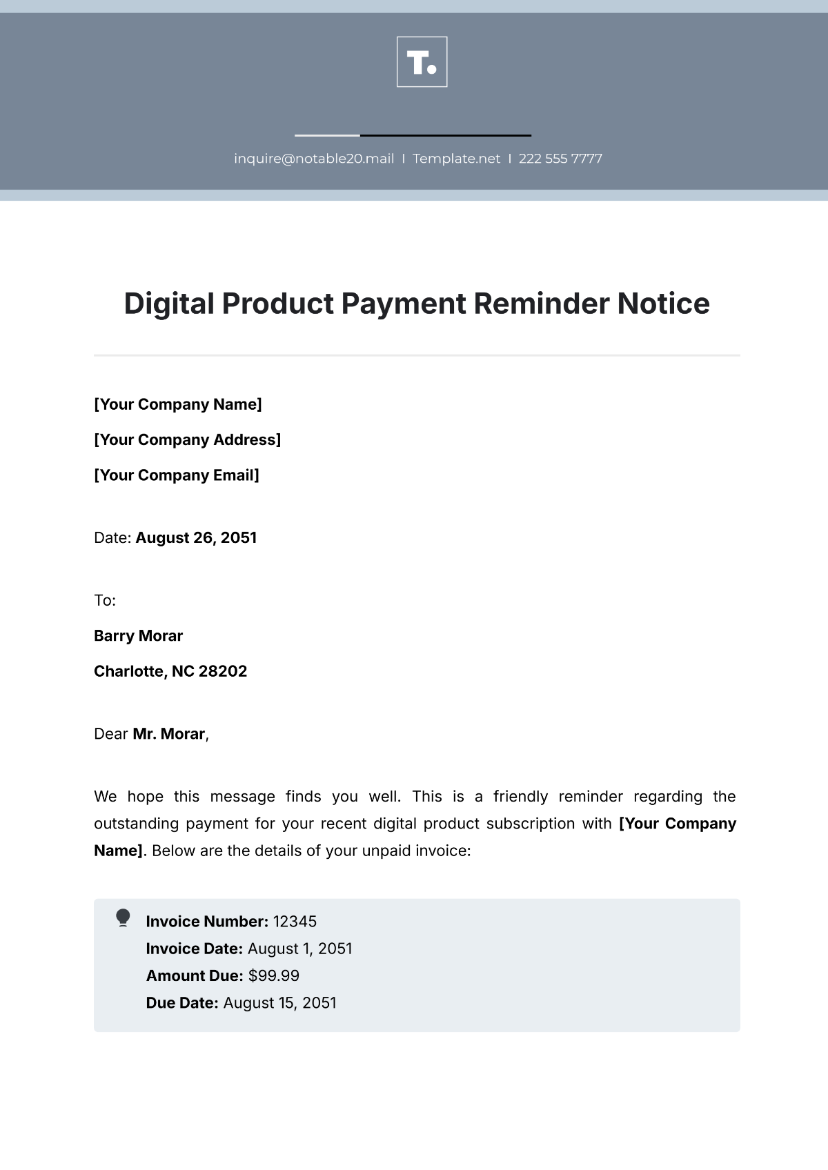 Digital Product Payment Reminder Notice Template - Edit Online & Download