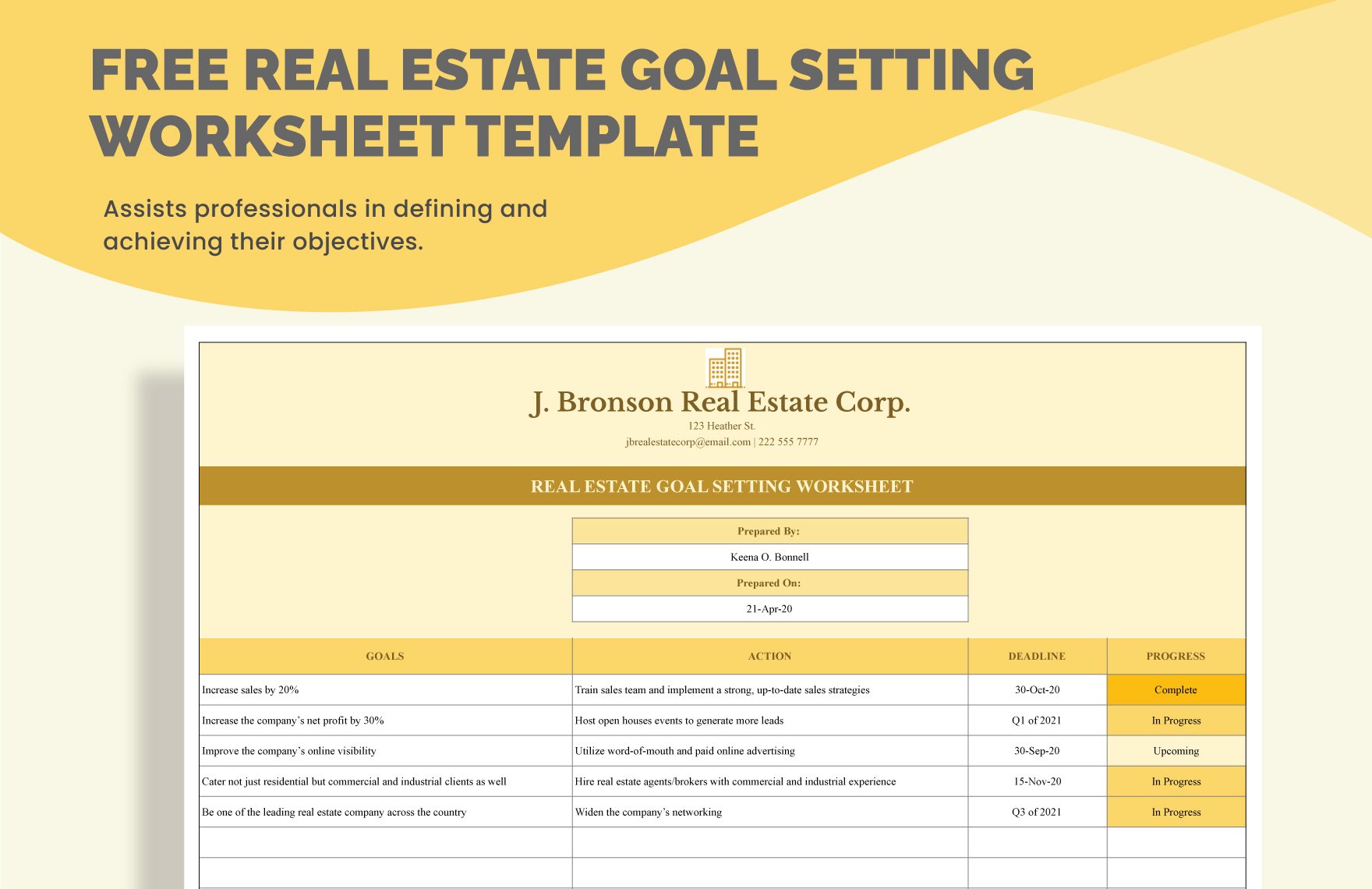 Real Estate Goal Setting Worksheet Template in Word, Google Docs, Excel, PDF, Google Sheets, Apple Numbers