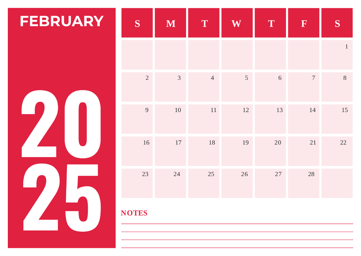 Free Red February 2025 Calendar Template