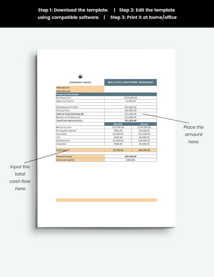 Real Estate Investment Worksheet Template - Google Sheets, Excel, Apple