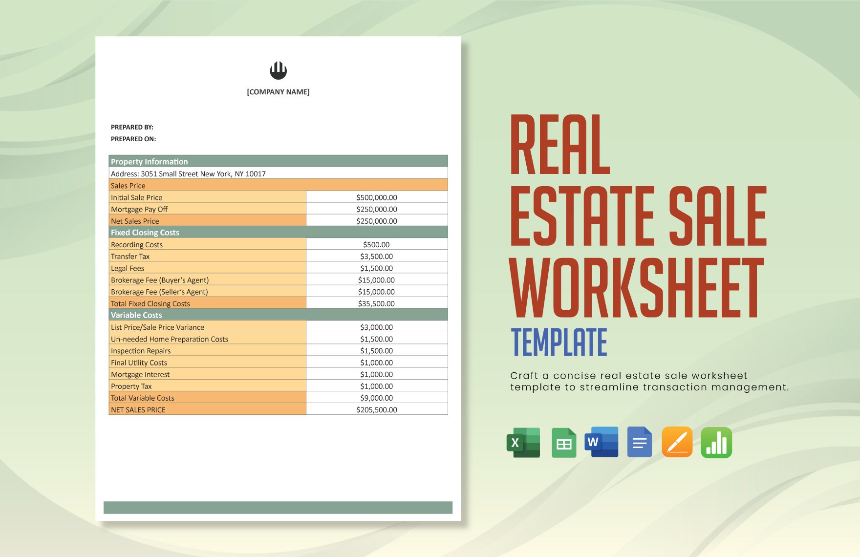 Real Estate Sale Worksheet Template in Word, Google Docs, Excel, PDF, Google Sheets, Apple Numbers