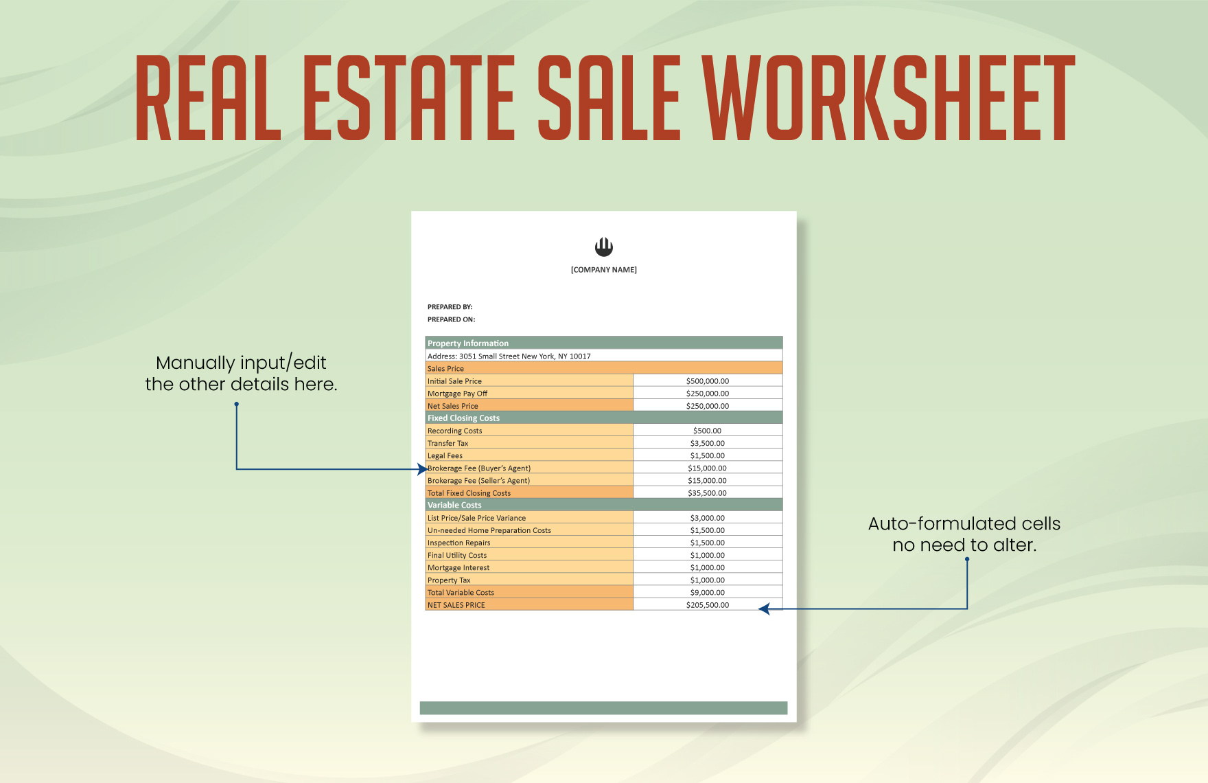 Real Estate Sale Worksheet Template