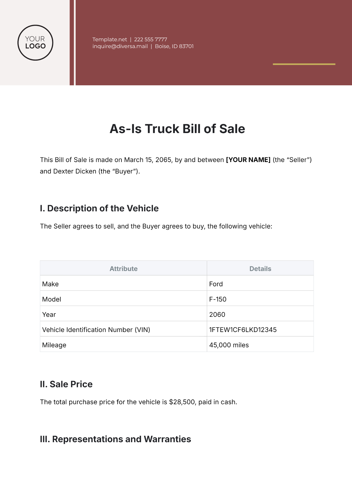 As-Is Truck Bill of Sale Template - Edit Online & Download