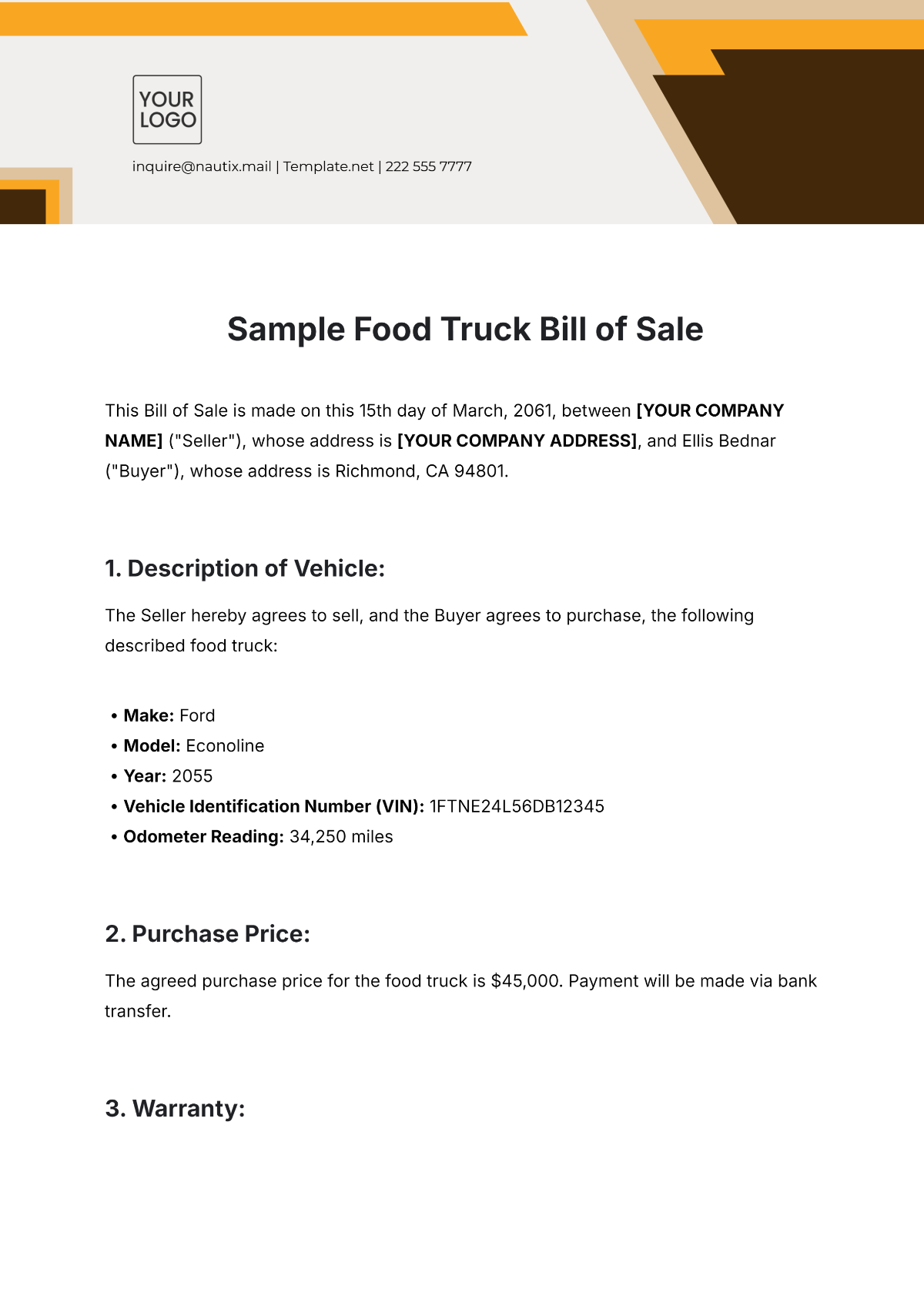 Sample Food Truck Bill of Sale Template - Edit Online & Download