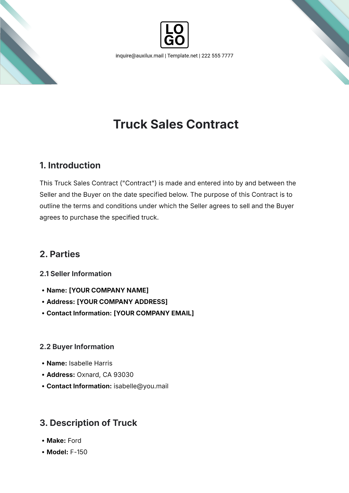 Truck Sales Contract Template - Edit Online & Download