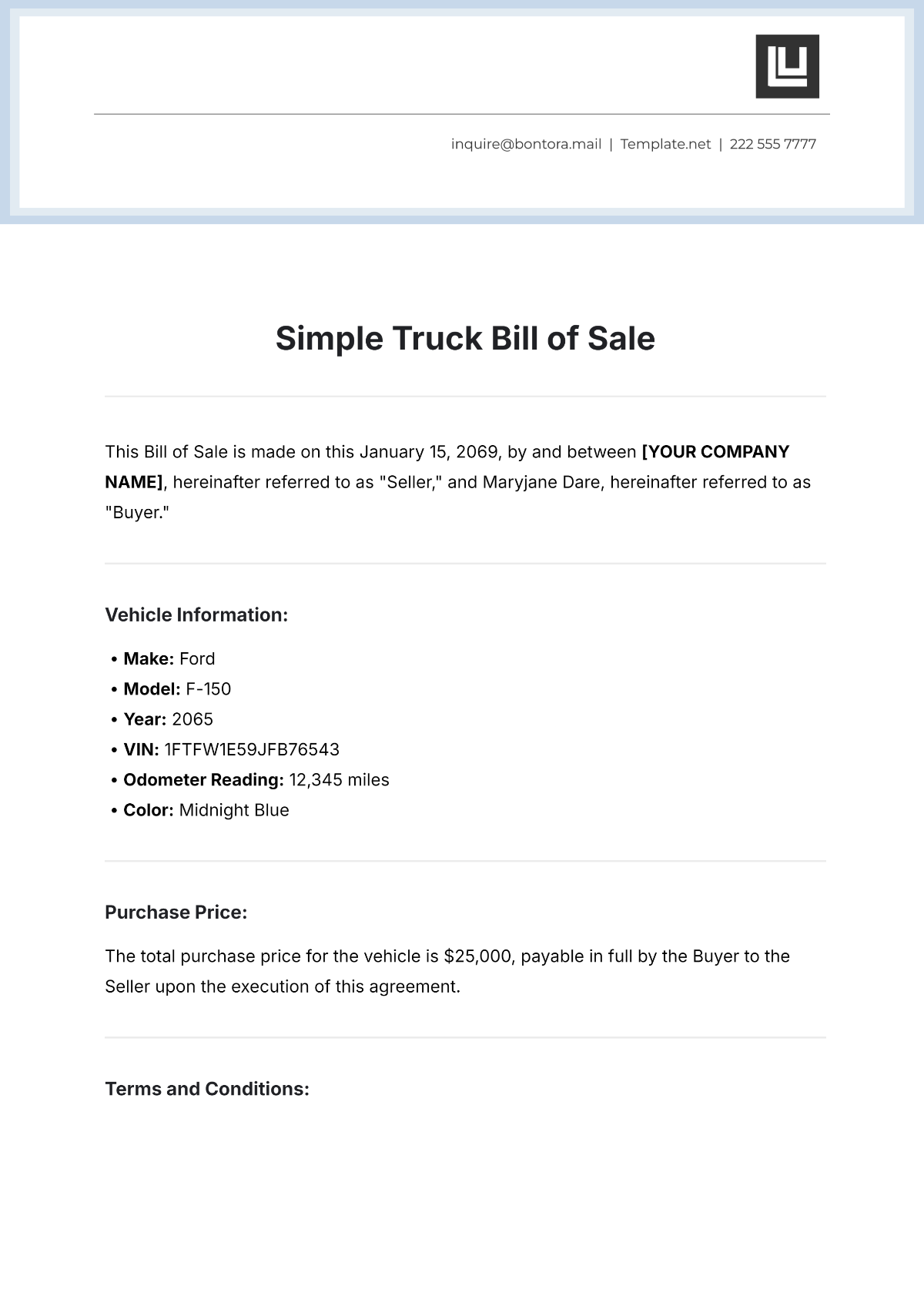 Simple Truck Bill of Sale Template - Edit Online & Download