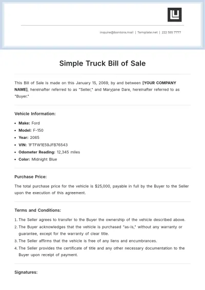 Free Simple Truck Bill of Sale Template to Edit Online