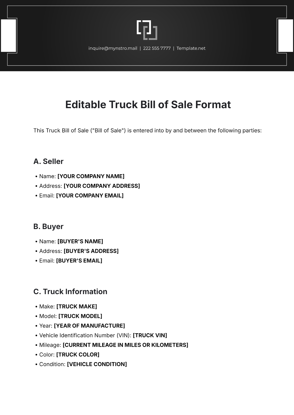 Editable Truck Bill of Sale Format Template - Edit Online & Download