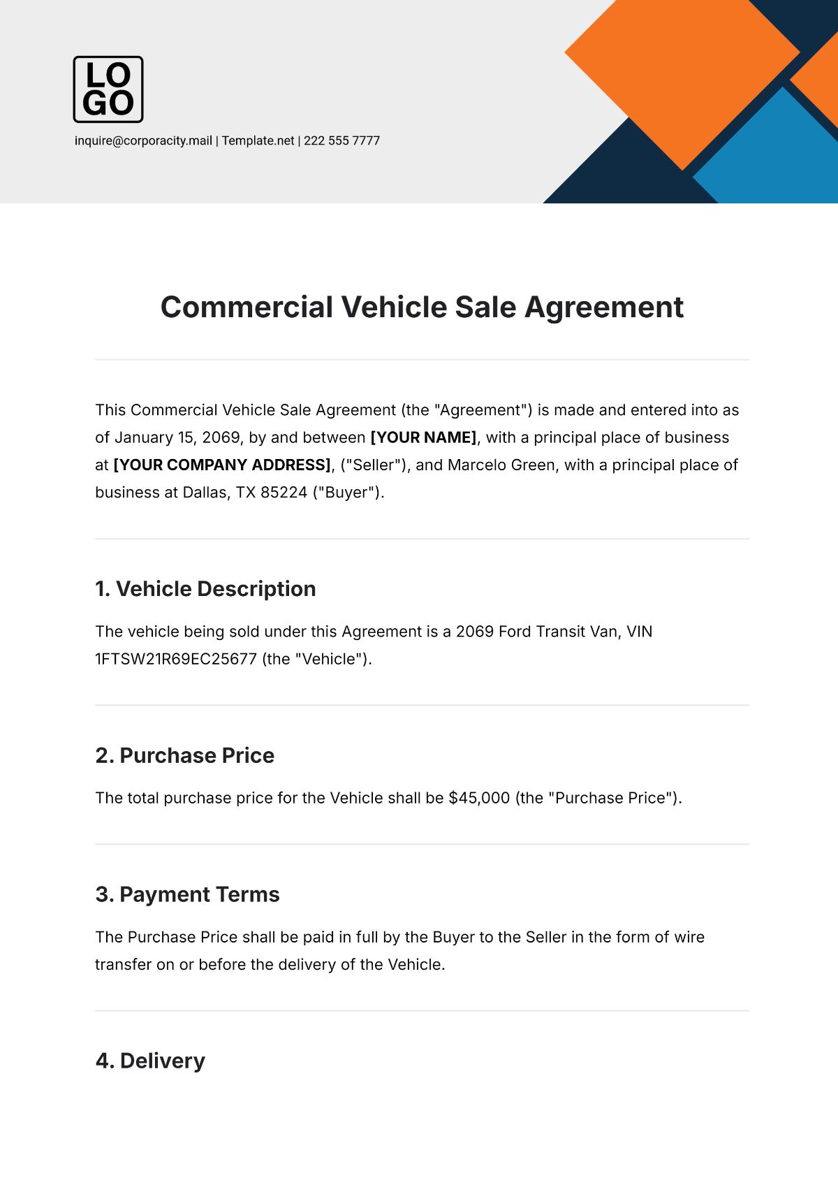 Commercial Vehicle Sale Agreement Template - Edit Online & Download