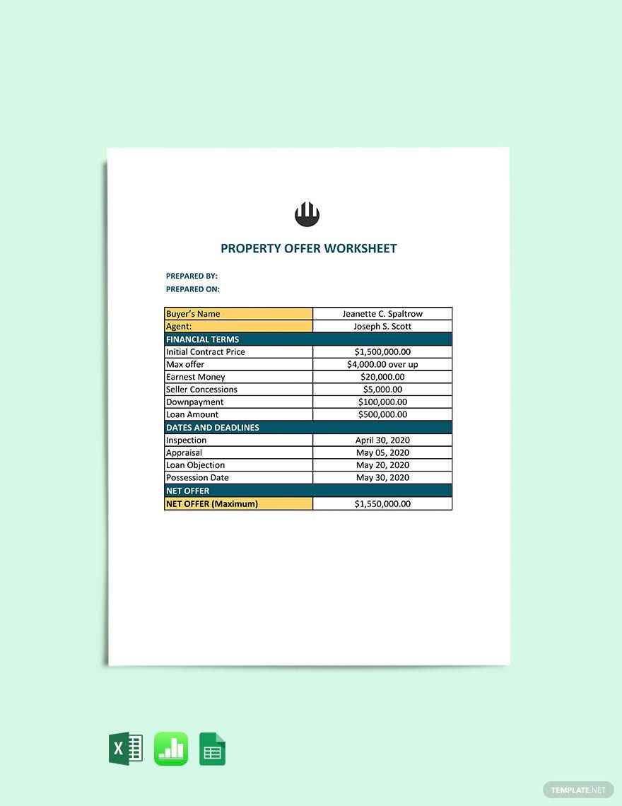 Free Property Offer Worksheet Template