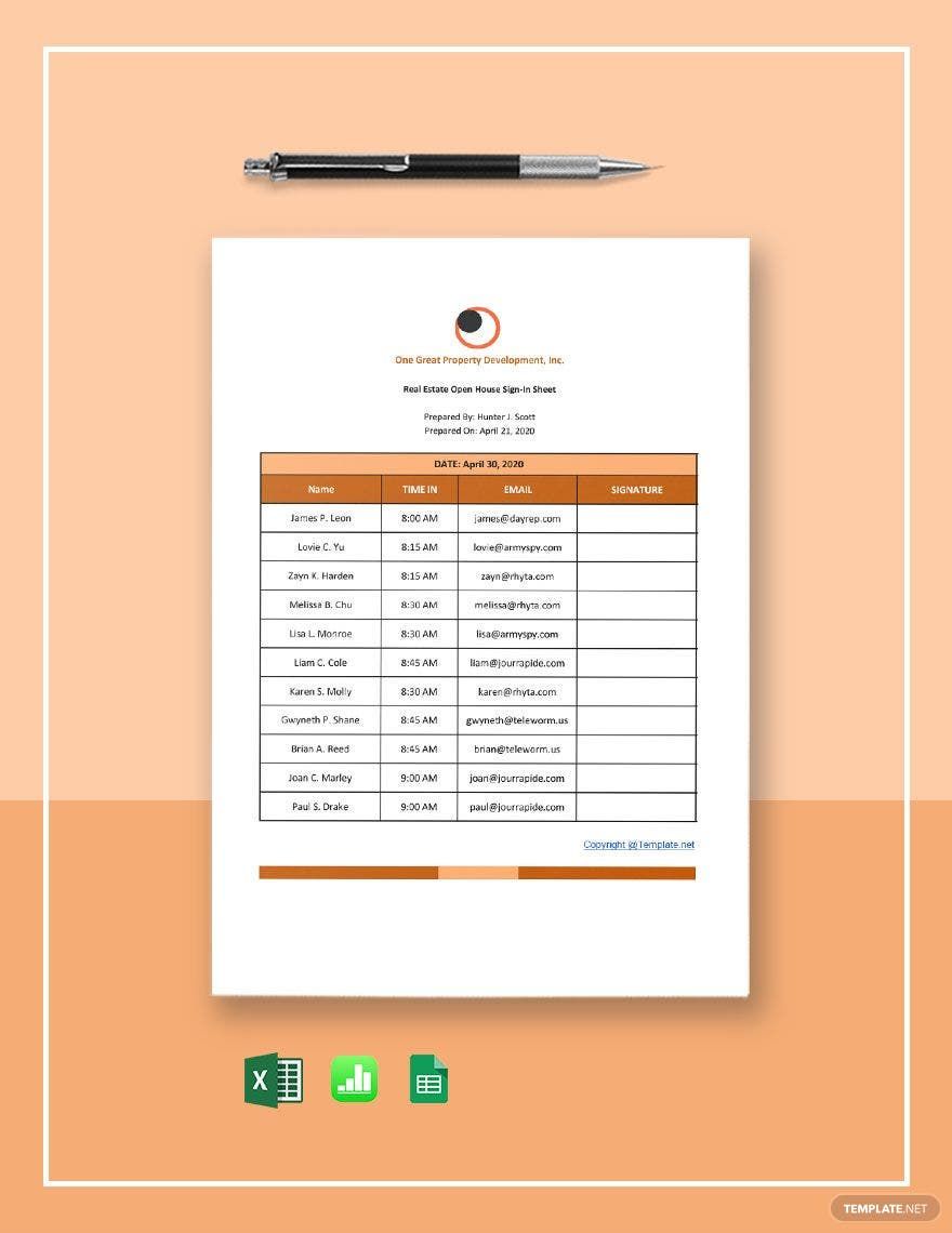 Simple Real Estate Open House Sign-in Sheet Template in Word, Google Docs, Excel, PDF, Google Sheets, Apple Numbers