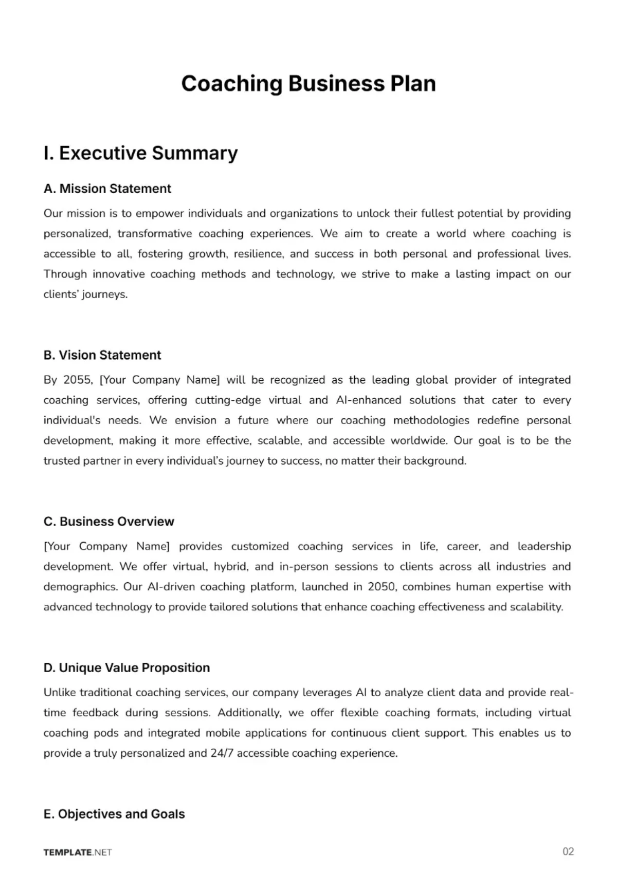 Free Coaching Business Plan Template to Edit Online