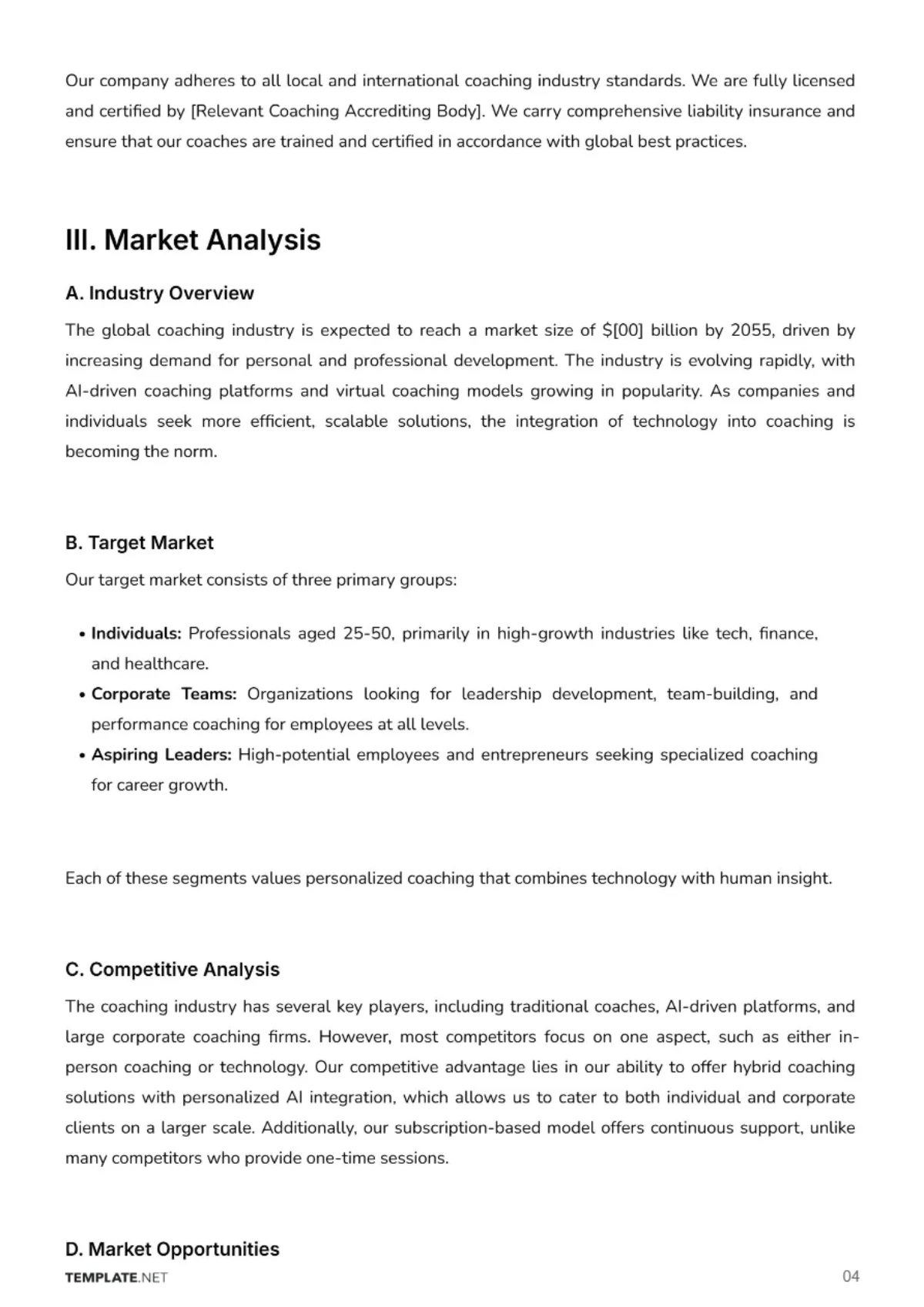 Free Coaching Business Plan Template to Edit Online