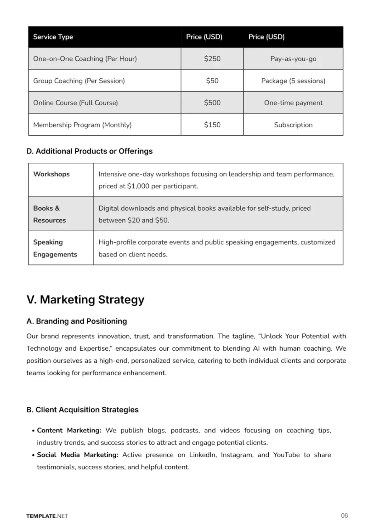 Free Coaching Business Plan Template to Edit Online