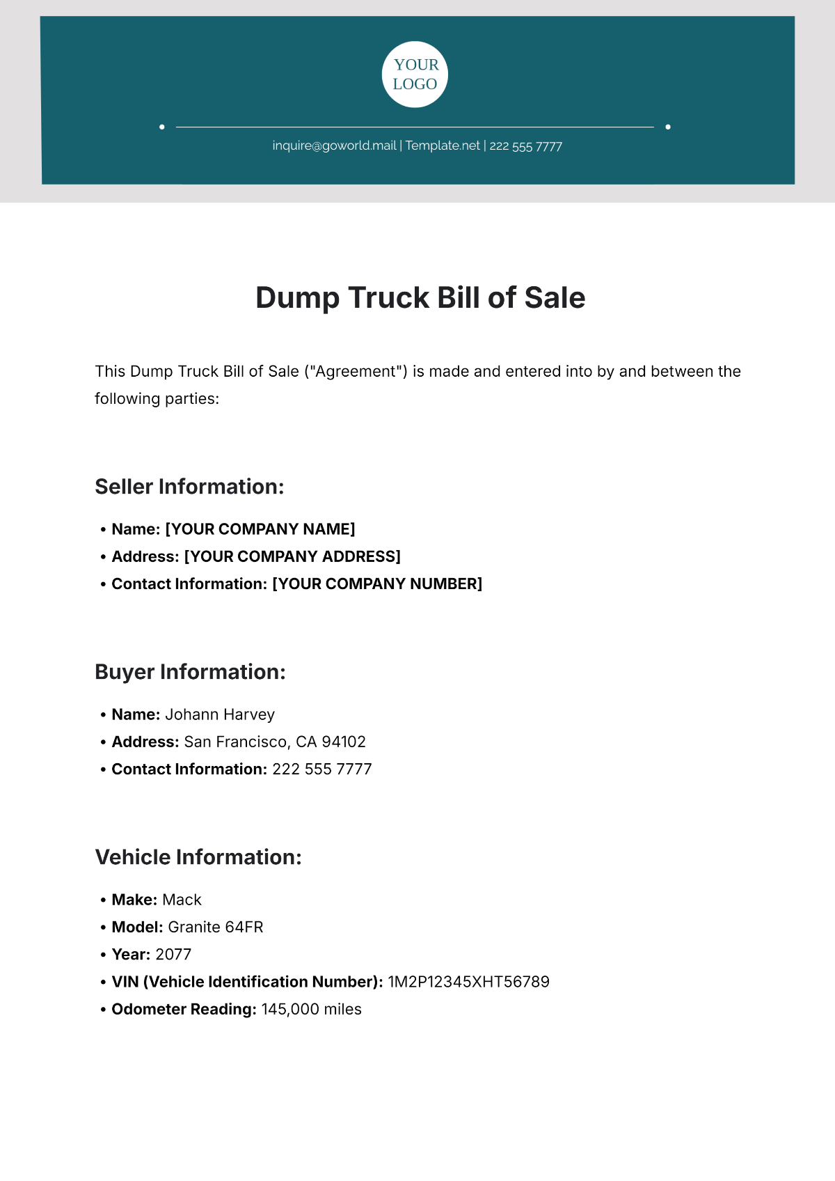 Free Dump Truck Bill of Sale Template