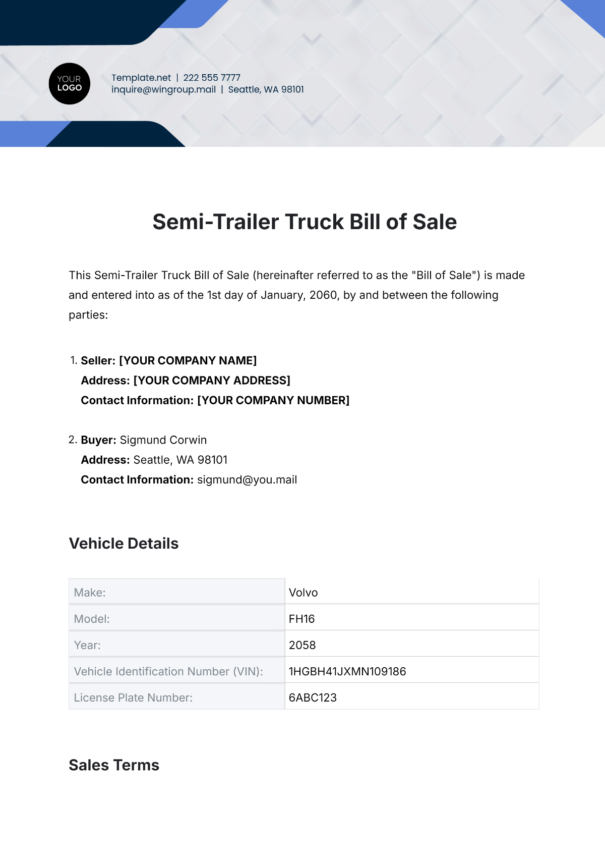 Free Semi-Trailer Truck Bill of Sale Template