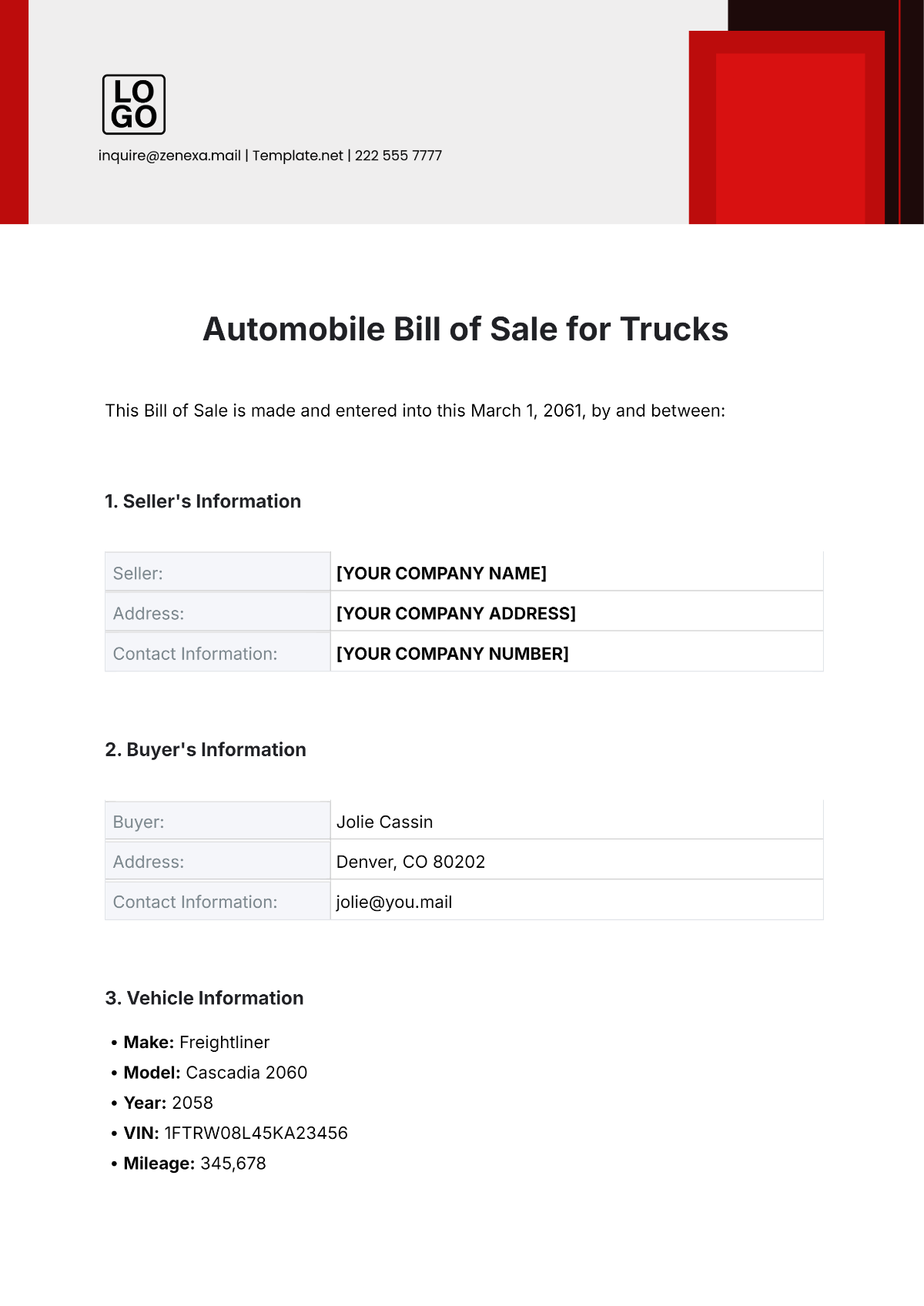 Free Automobile Bill of Sale for Trucks Template