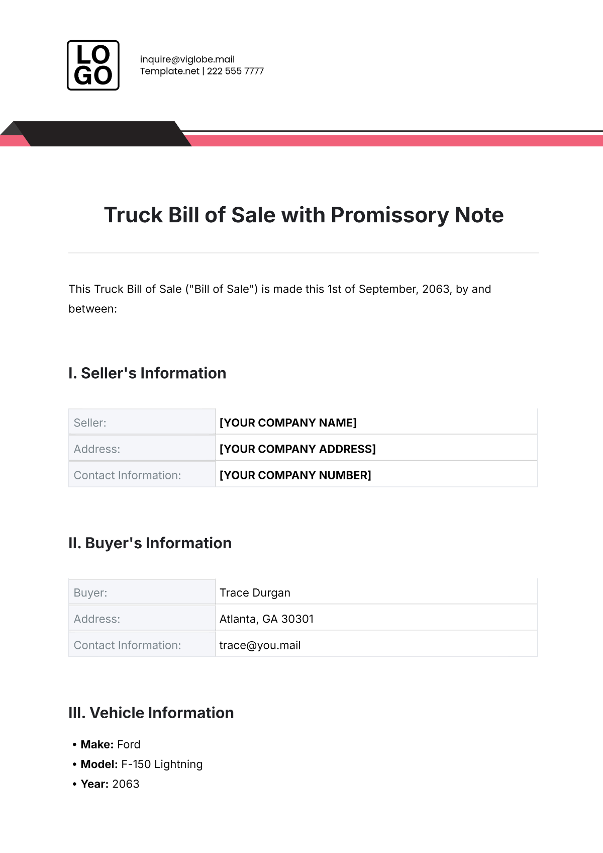 Free Truck Bill of Sale Template with Promissory Note