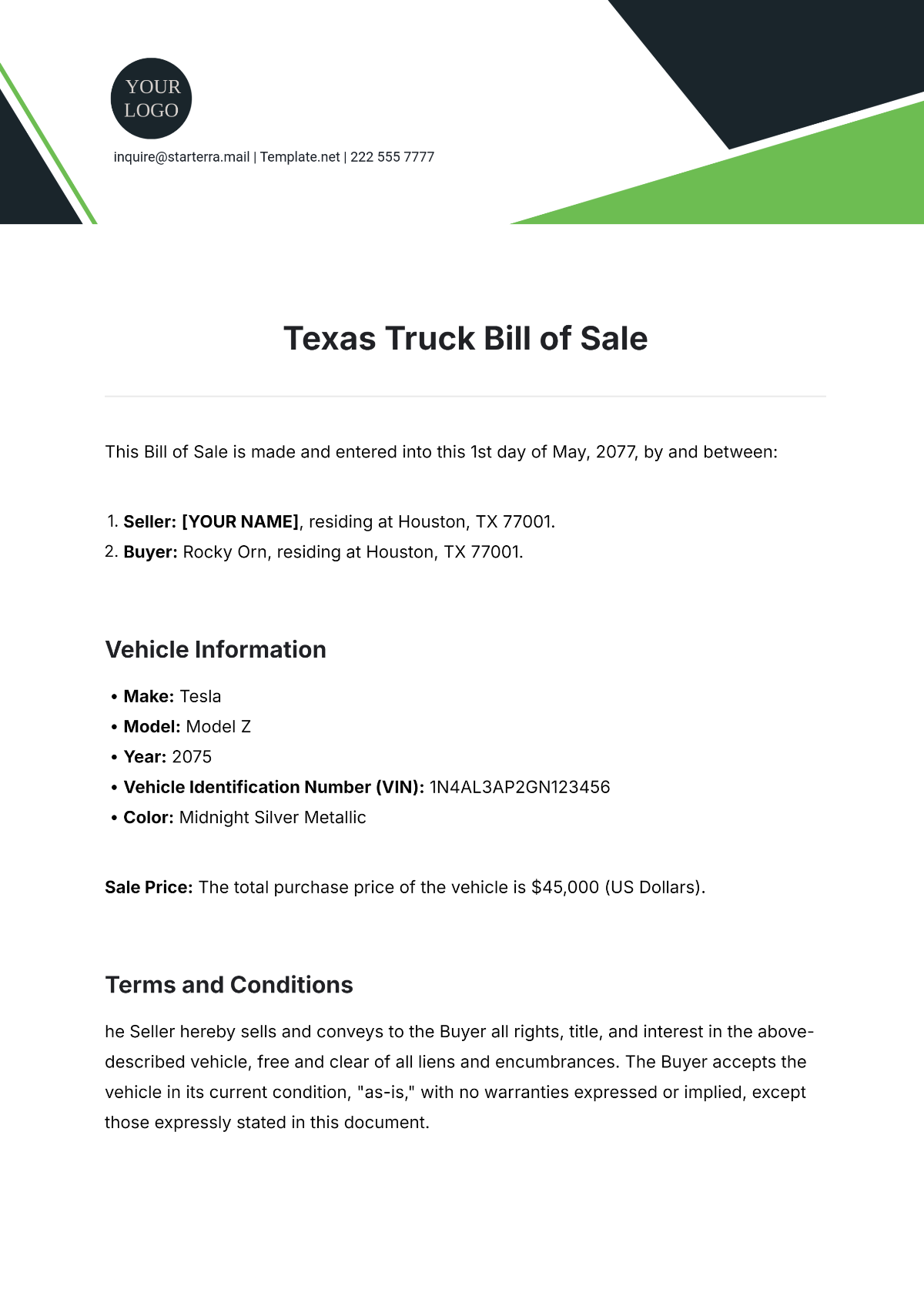 Free Texas Truck Bill of Sale Template