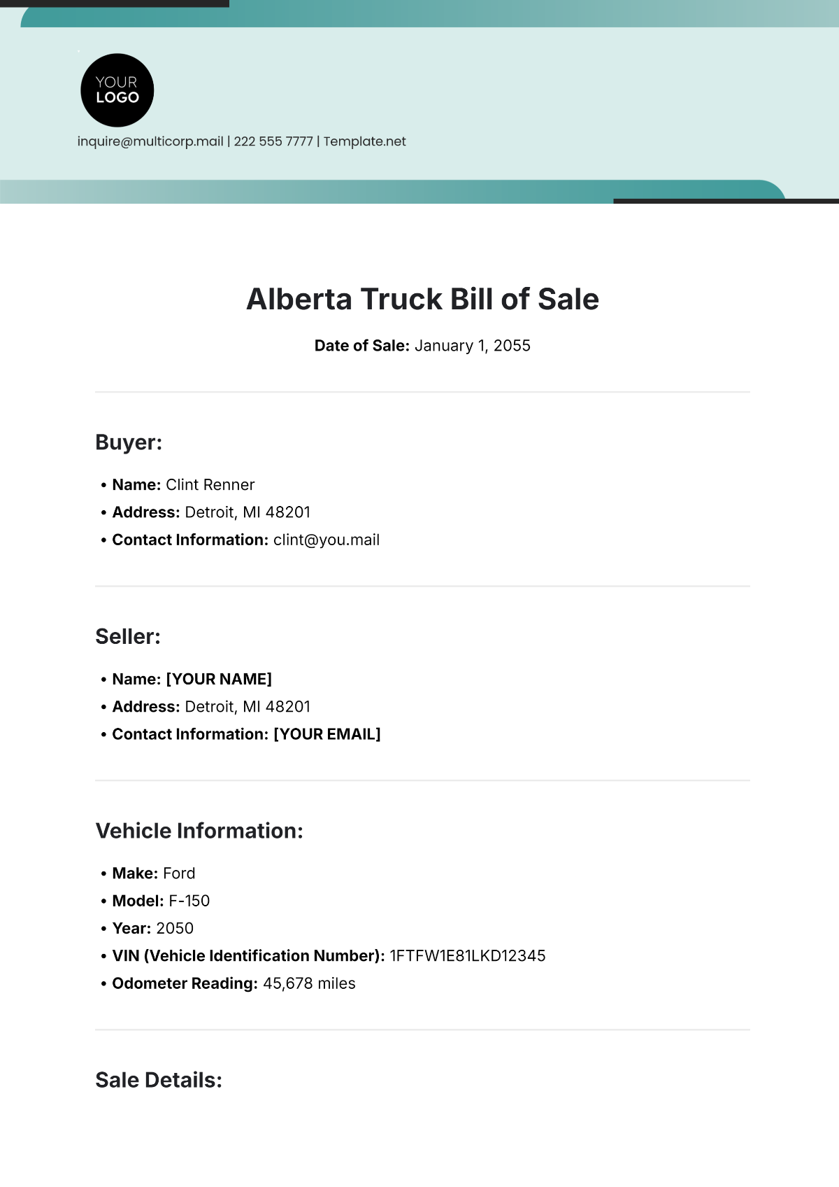 Free Alberta Truck Bill of Sale Template