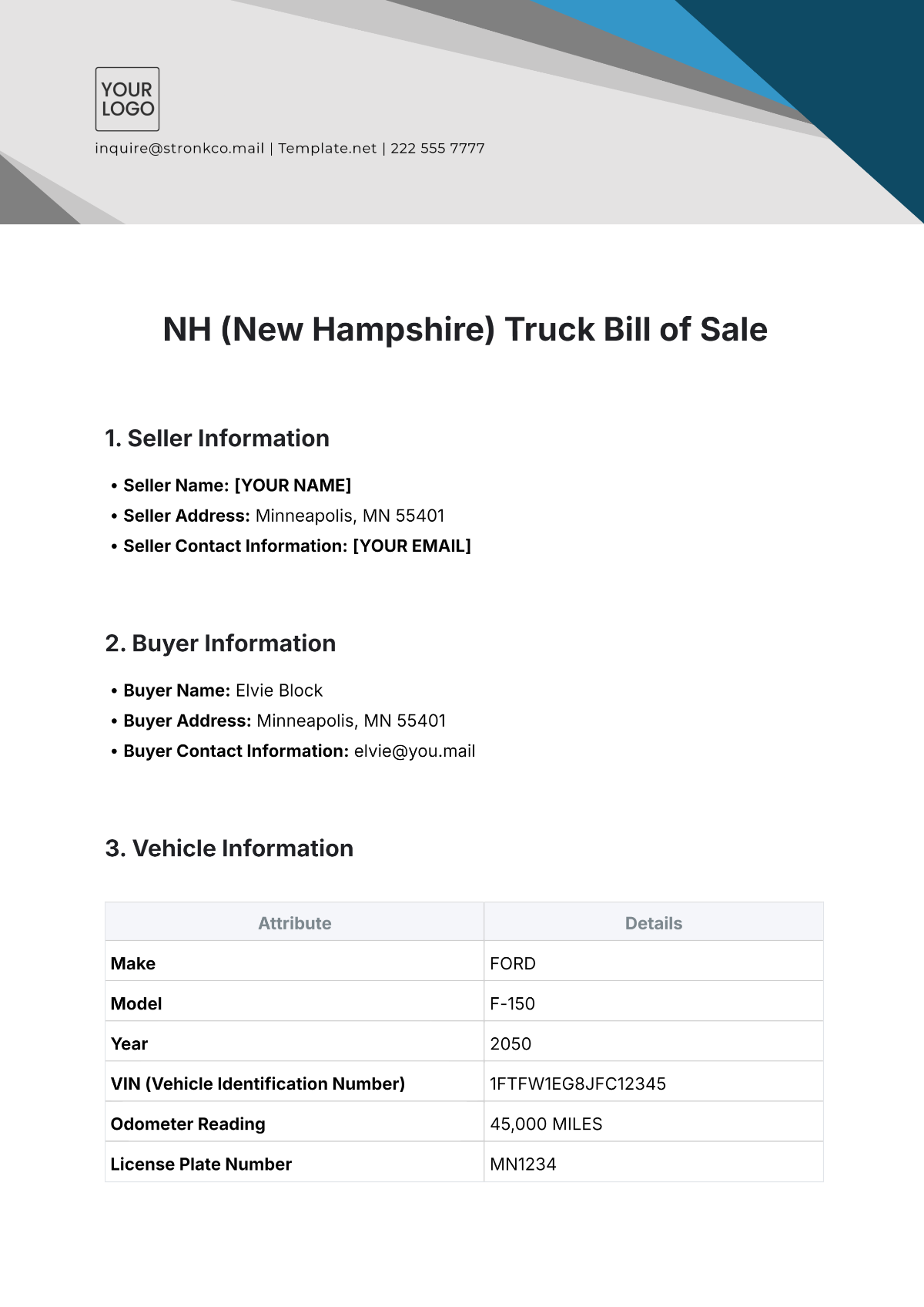 Free NH (New Hampshire) Truck Bill of Sale Template