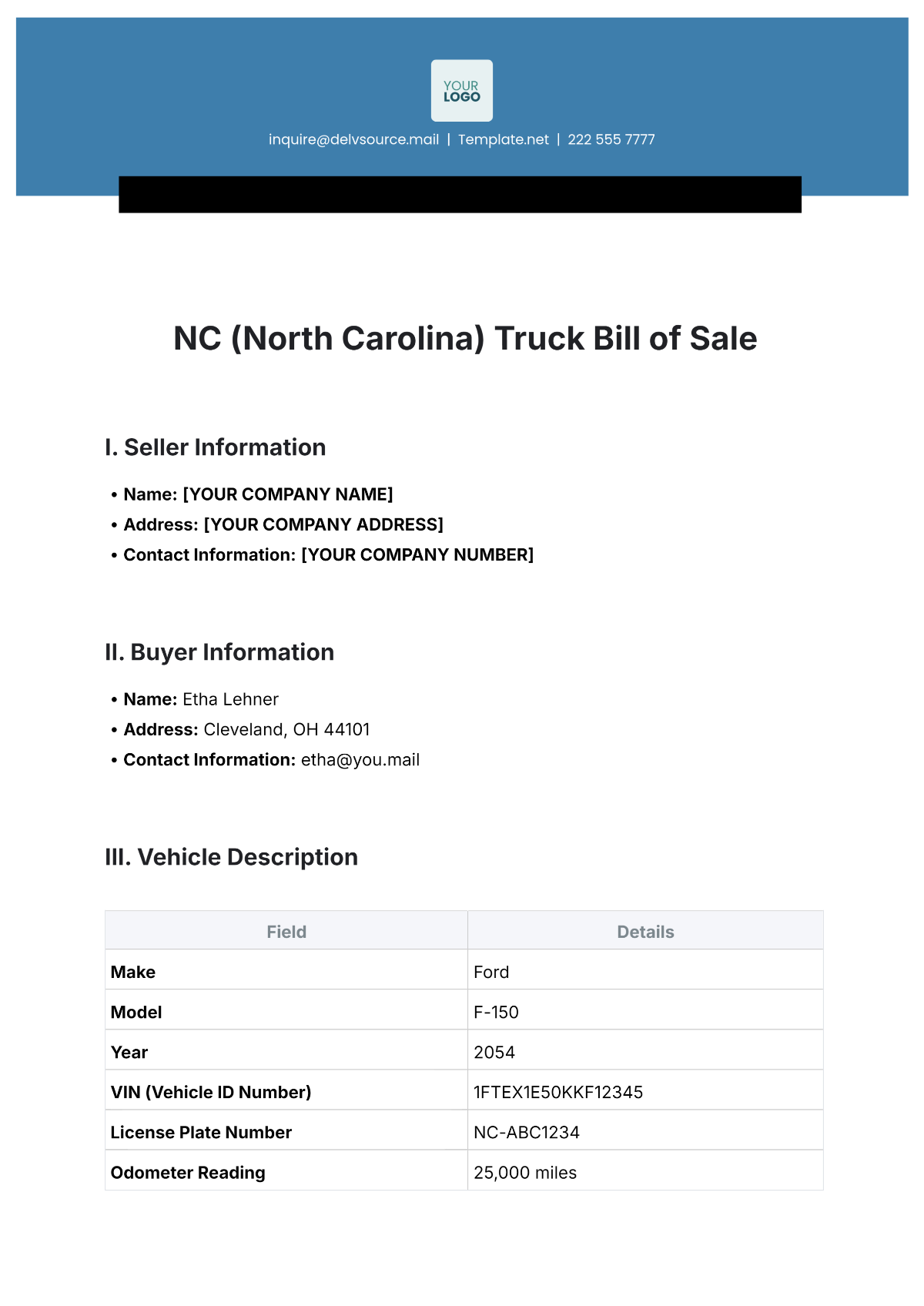 Free NC (North Carolina) Truck Bill of Sale Template