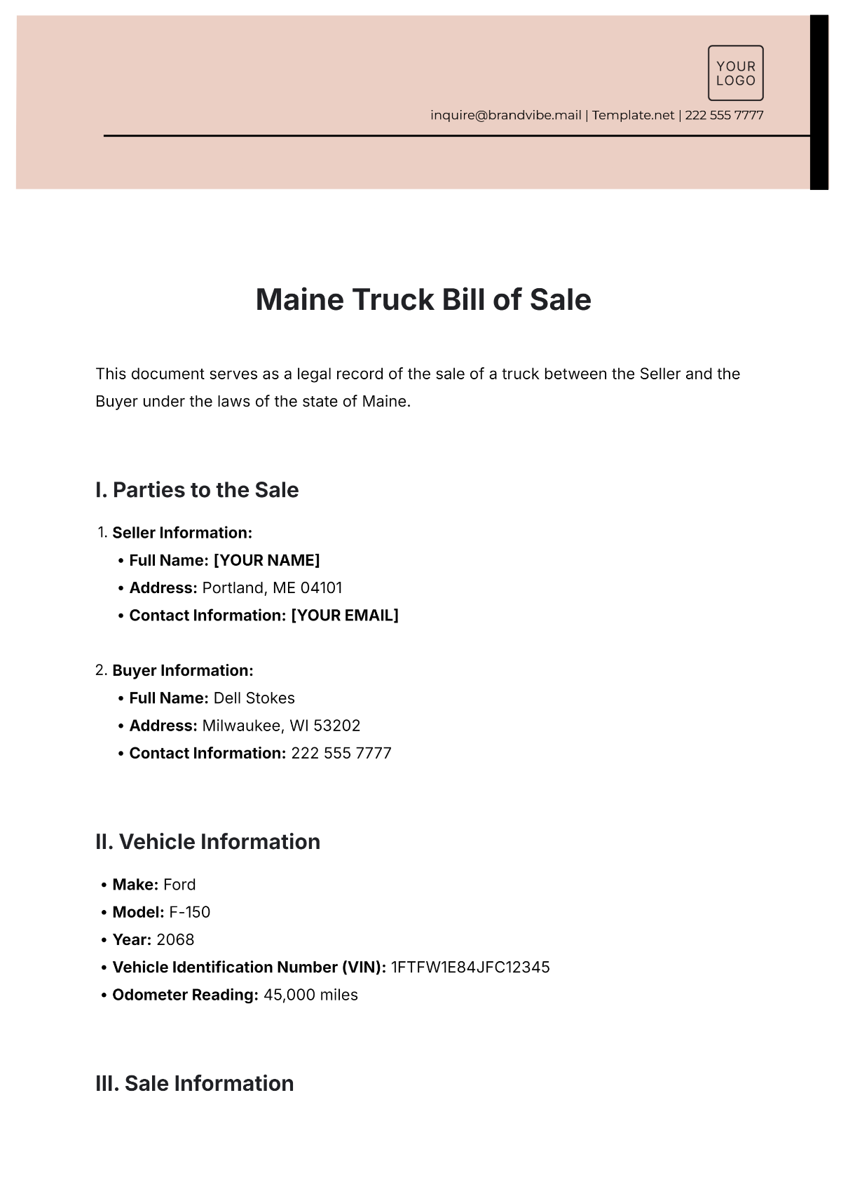 Free Maine Truck Bill of Sale Template